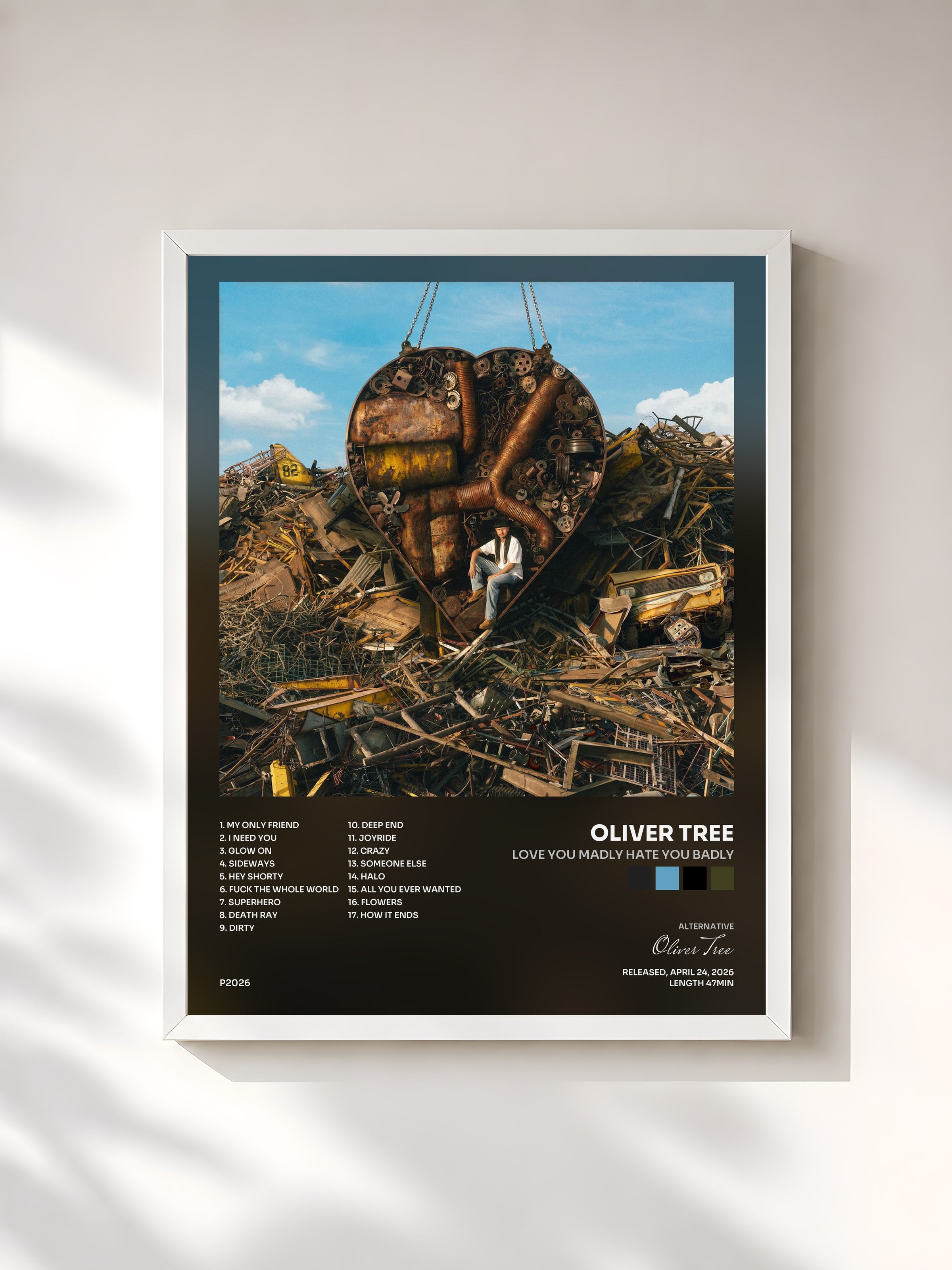 #blanc Tableau de l'album Love You Madly Hate You Badly de Oliver Tree, cadre blanc, imprimé et encadré en France