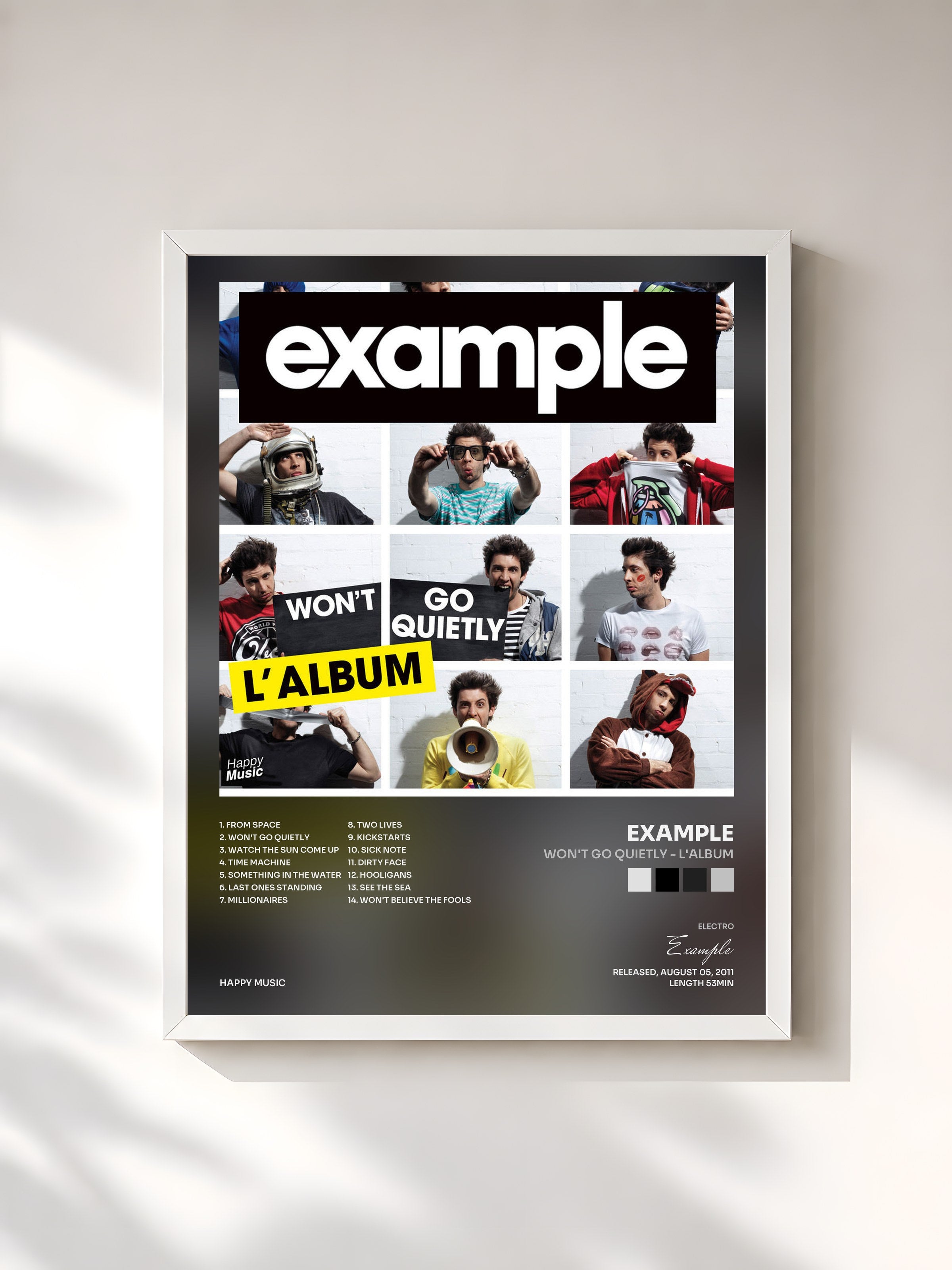 #blanc Tableau de l'album Won't Go Quietly - L'album de Example, cadre blanc, imprimé et encadré en France