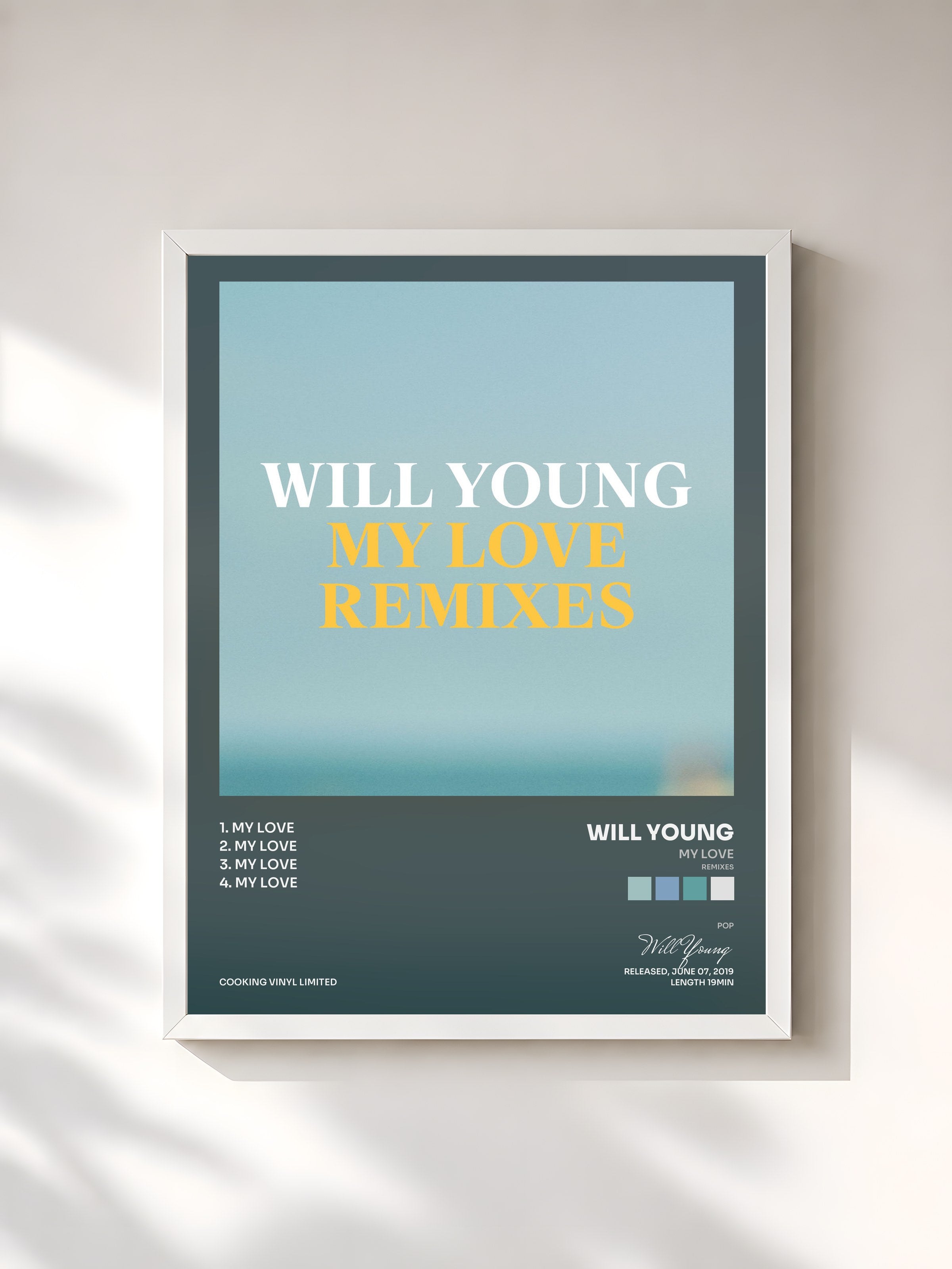 #blanc Tableau de l'album My Love (Remixes) de Will Young, cadre blanc, imprimé et encadré en France