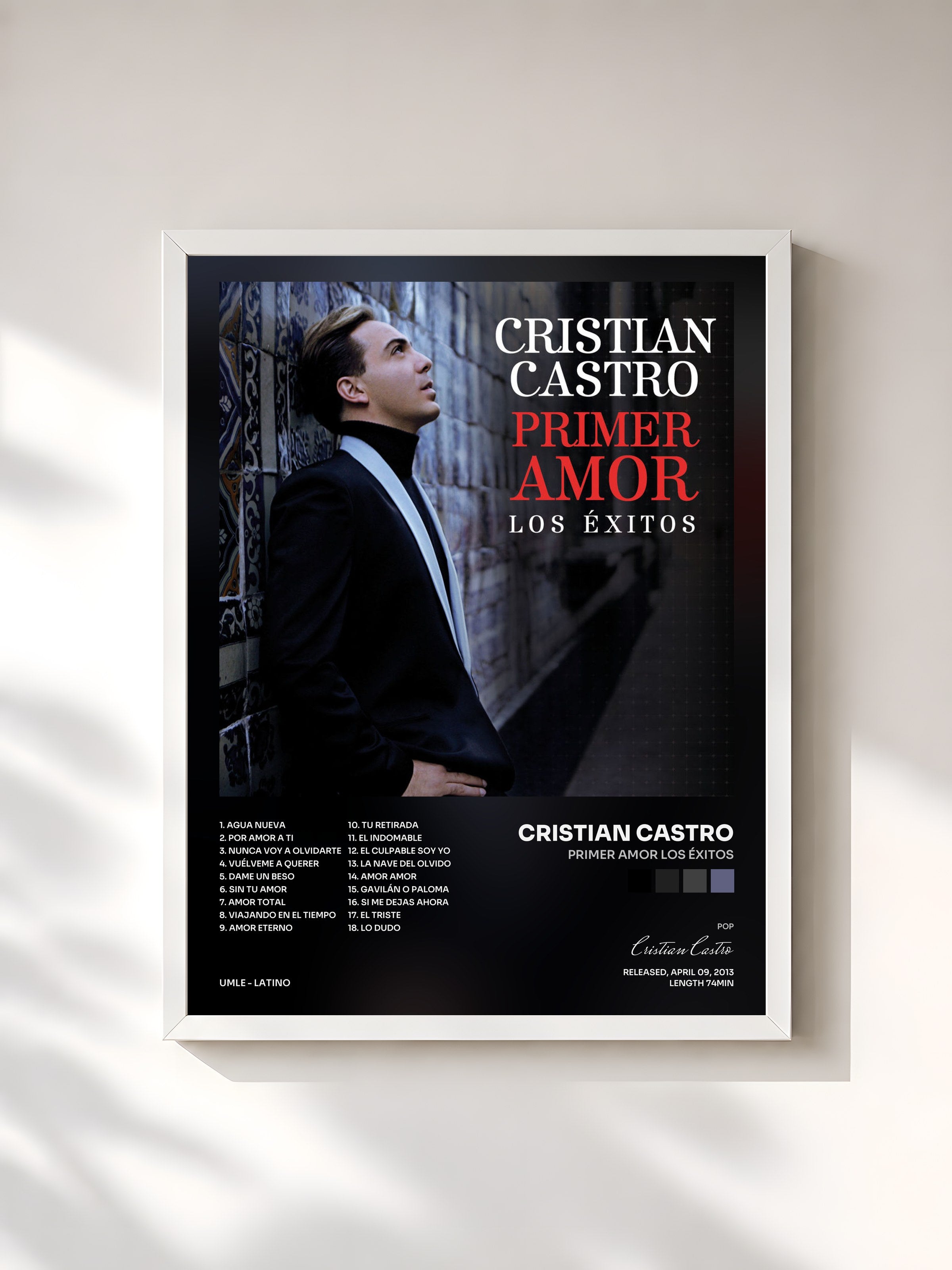 #blanc Tableau de l'album Primer Amor Los Éxitos de Cristian Castro, cadre blanc, imprimé et encadré en France