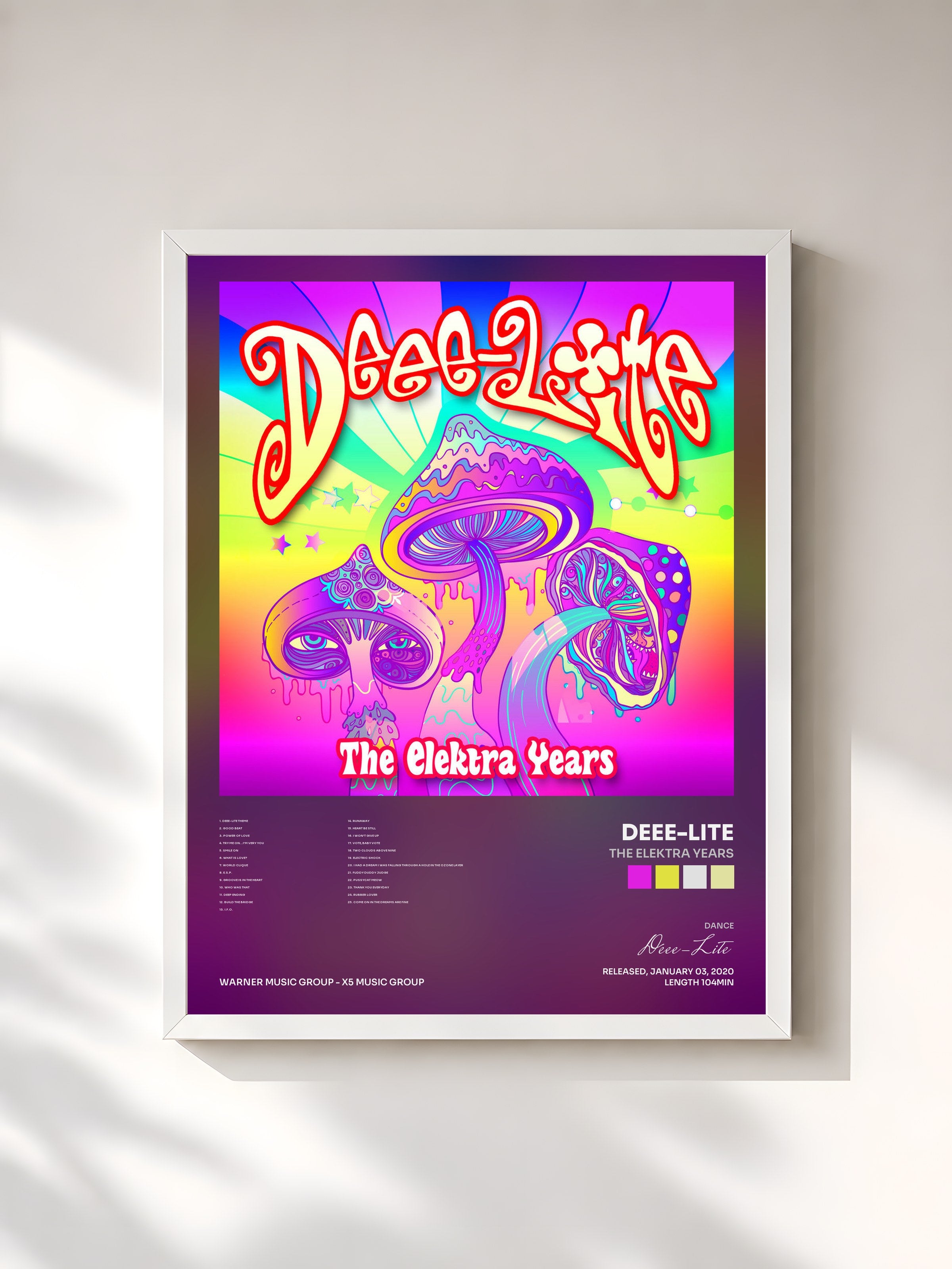 #blanc Tableau de l'album The Elektra Years de Deee-Lite, cadre blanc, imprimé et encadré en France