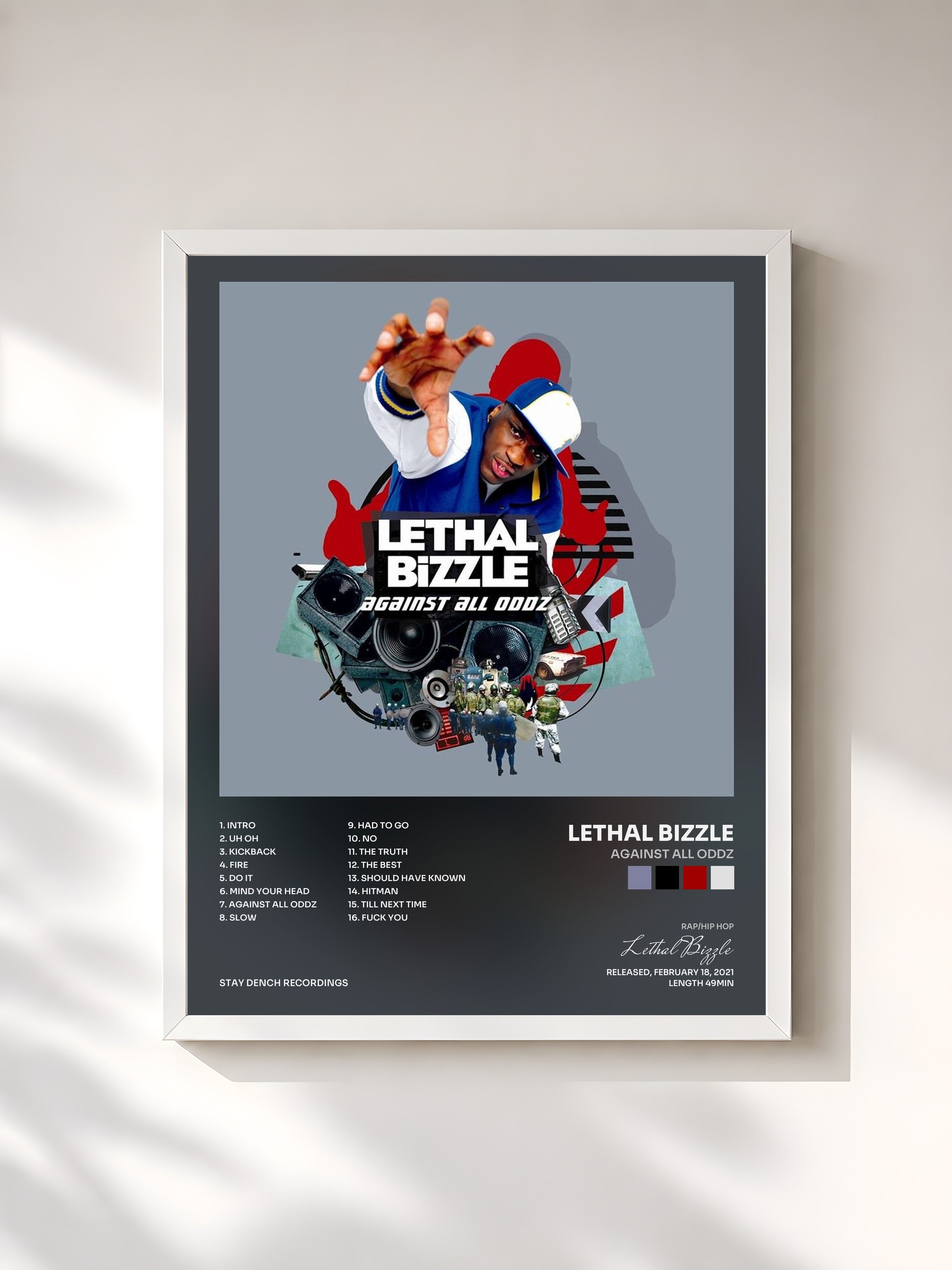 #blanc Tableau de l'album Against All Oddz de Lethal Bizzle, cadre blanc, imprimé et encadré en France