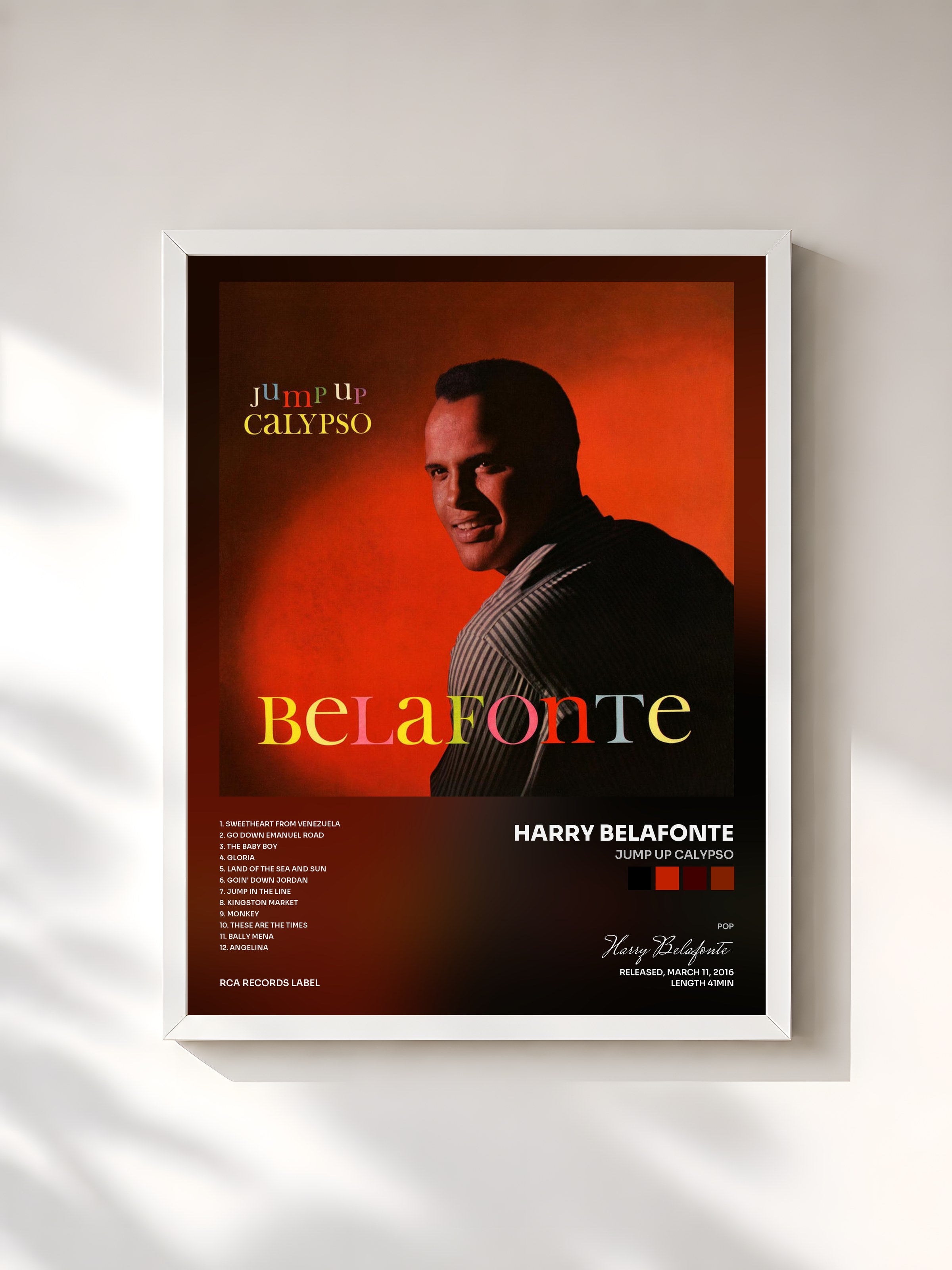 #blanc Tableau de l'album Jump Up Calypso de Harry Belafonte, cadre blanc, imprimé et encadré en France