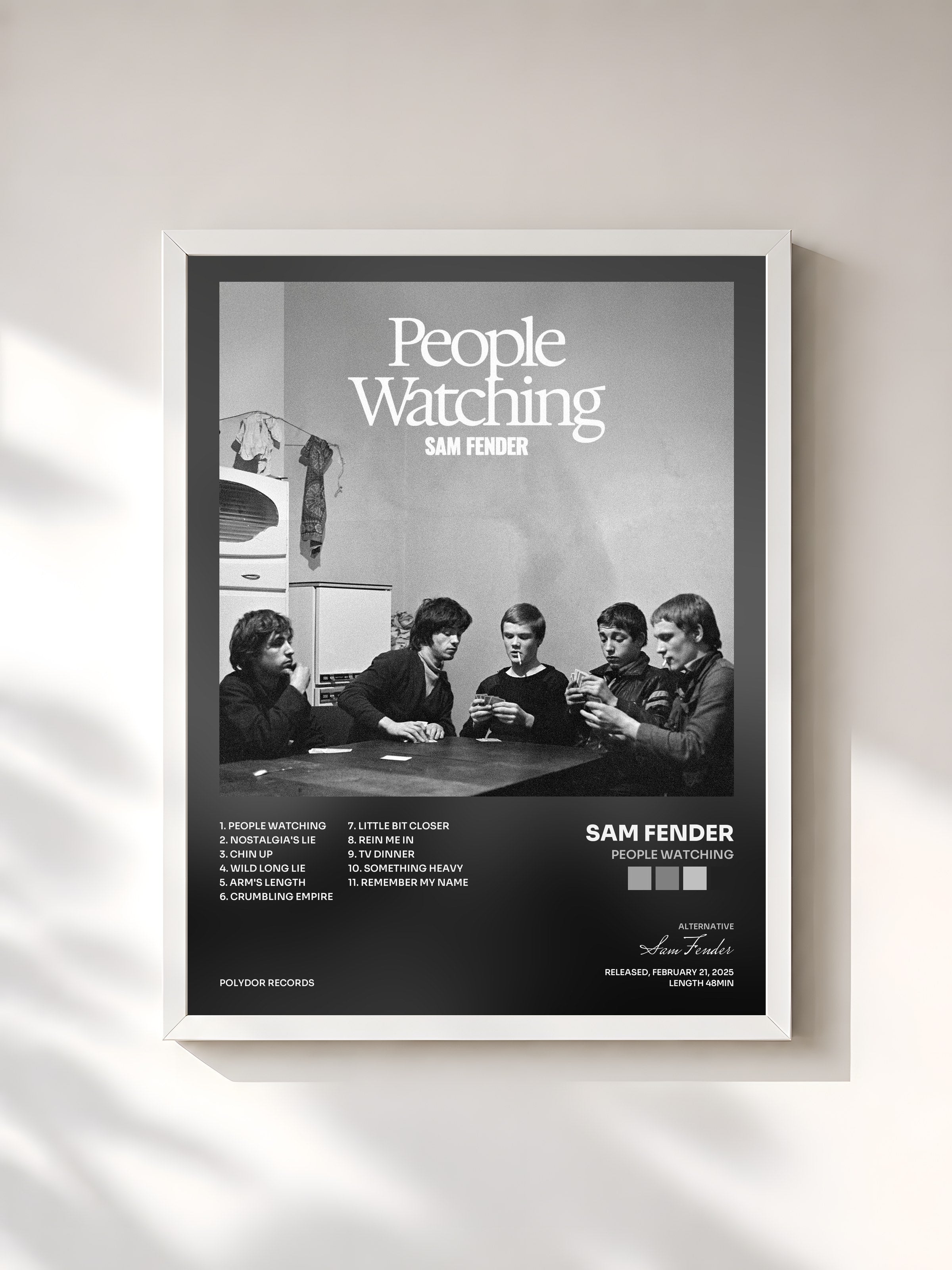 #blanc Tableau de l'album People Watching de Sam Fender, cadre blanc, imprimé et encadré en France