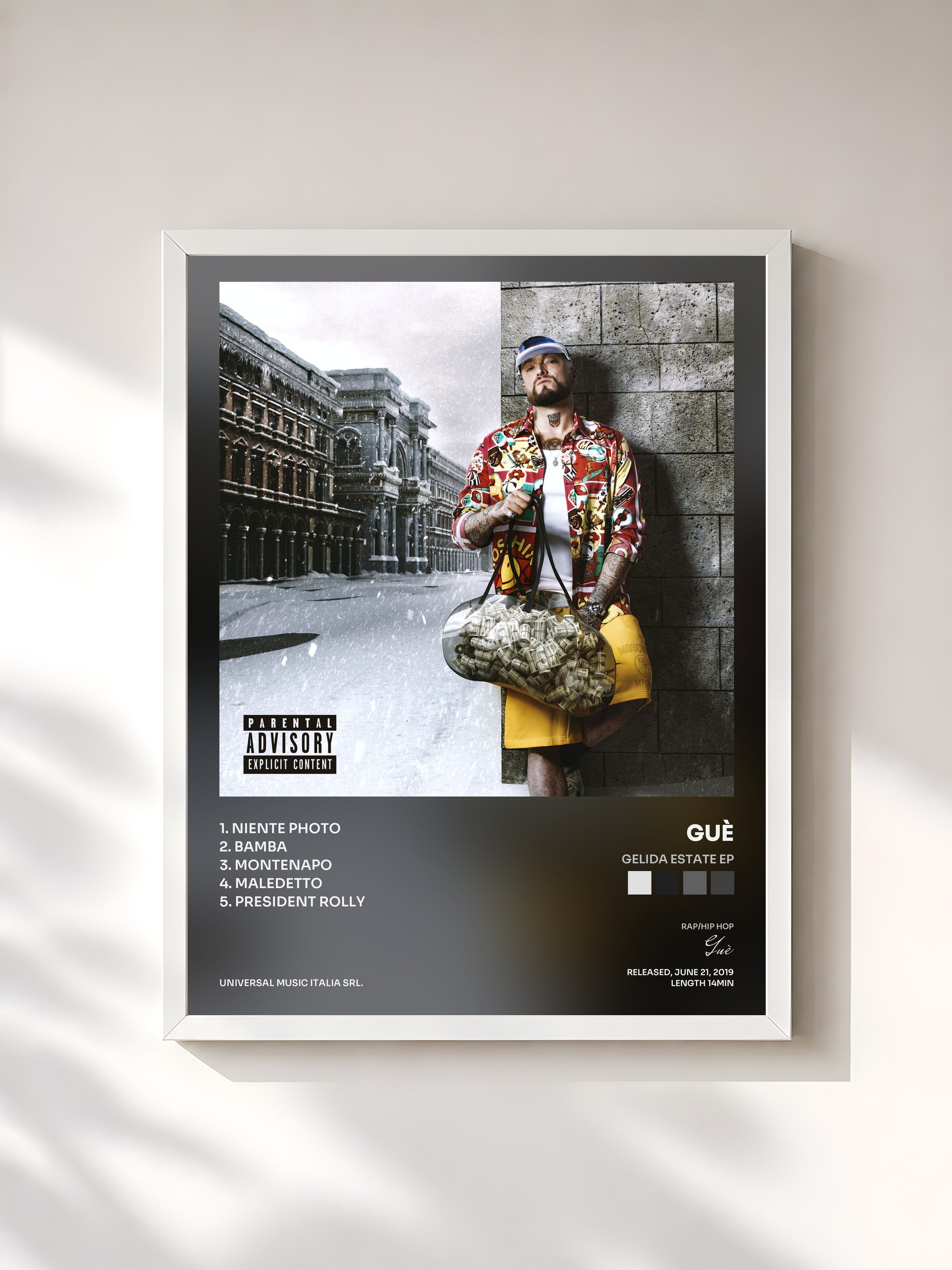 #blanc Tableau de l'album Gelida Estate EP de Guè, cadre blanc, imprimé et encadré en France