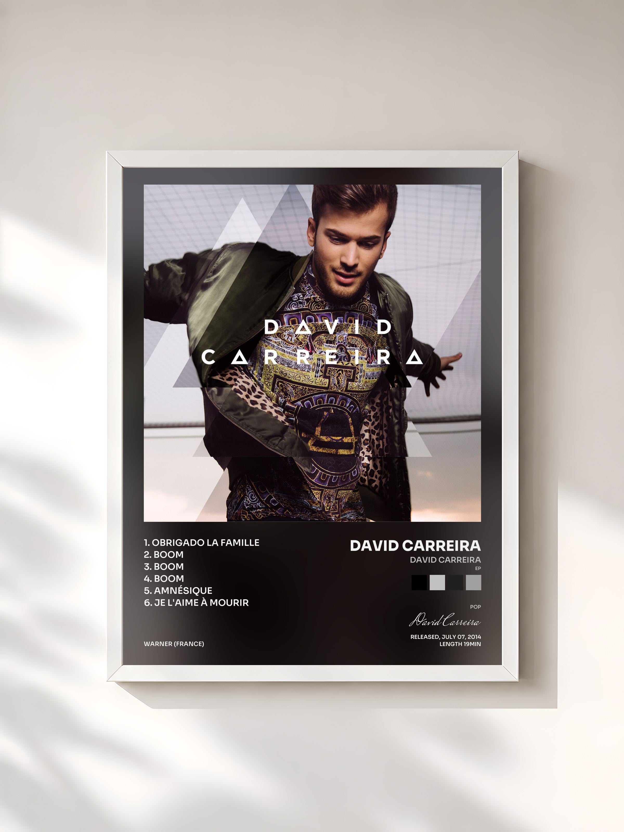 #blanc Tableau de l'album David Carreira (EP) de David Carreira, cadre blanc, imprimé et encadré en France