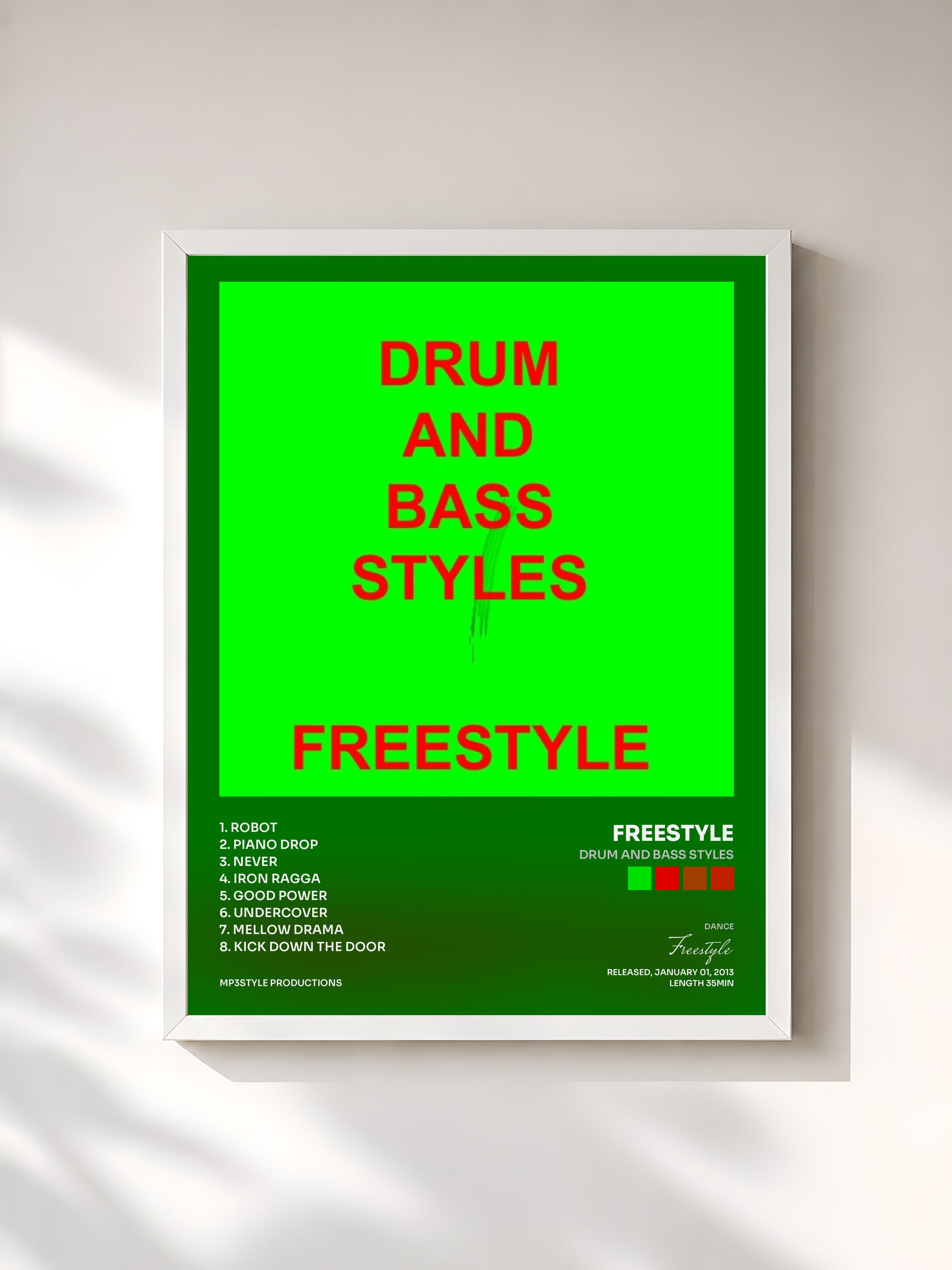 #blanc Tableau de l'album Drum and bass STYLES de Freestyle, cadre blanc, imprimé et encadré en France