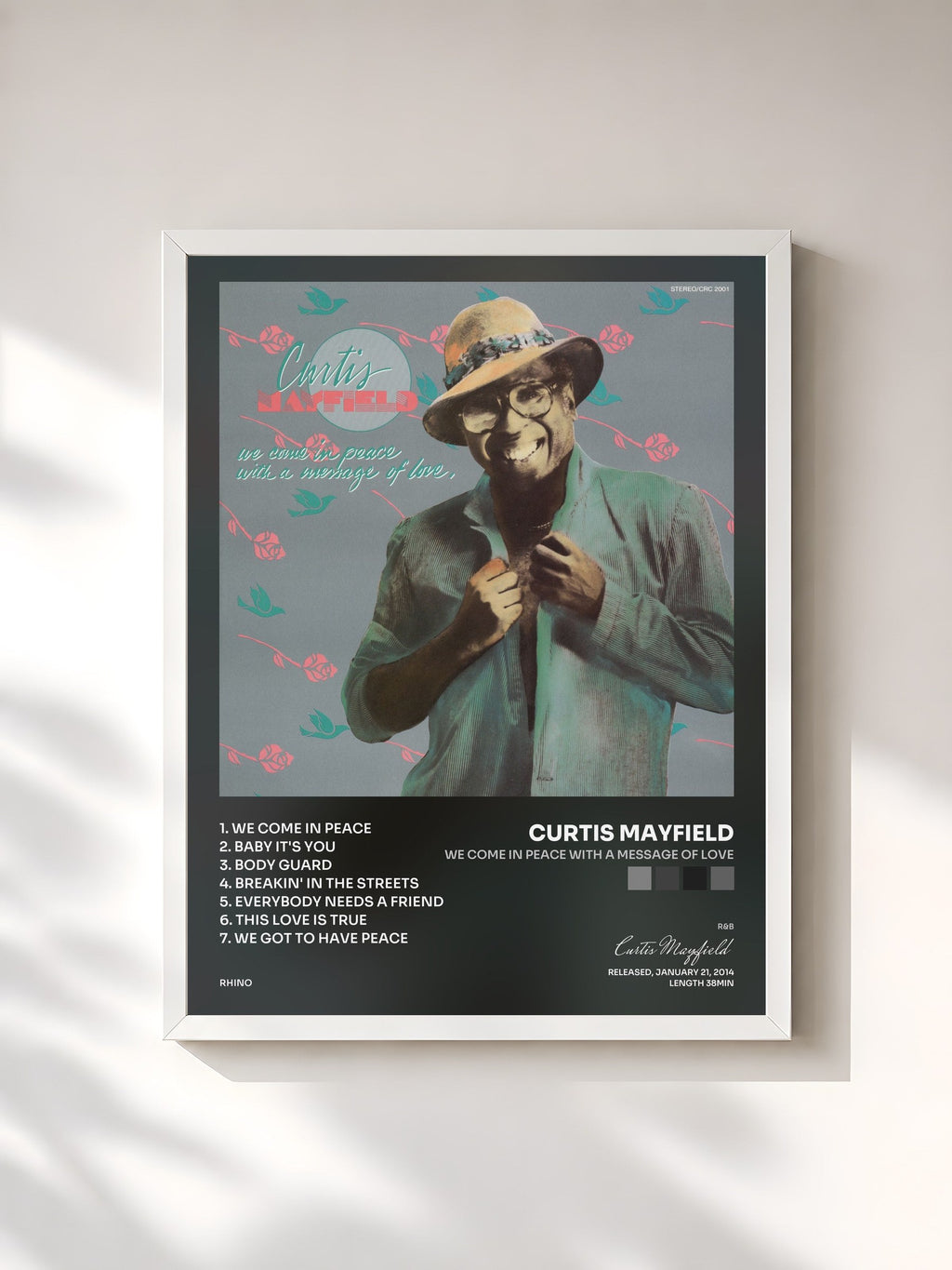 #blanc We Come in Peace With a Message of Love de Curtis Mayfield en lámina enmarcada, marco blanco, impresa y enmarcada en Francia