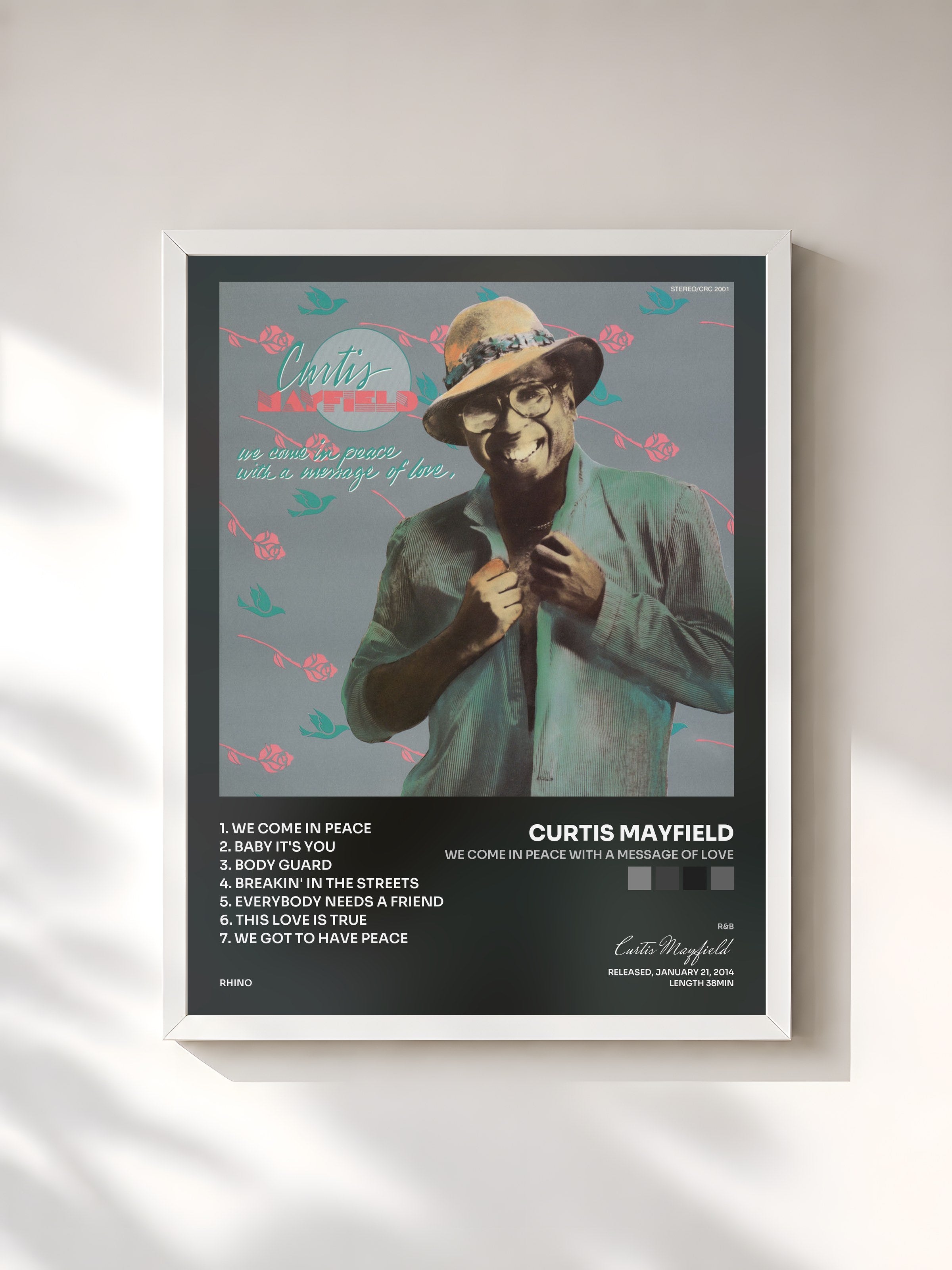 #blanc Tableau de l'album We Come in Peace With a Message of Love de Curtis Mayfield, cadre blanc, imprimé et encadré en France