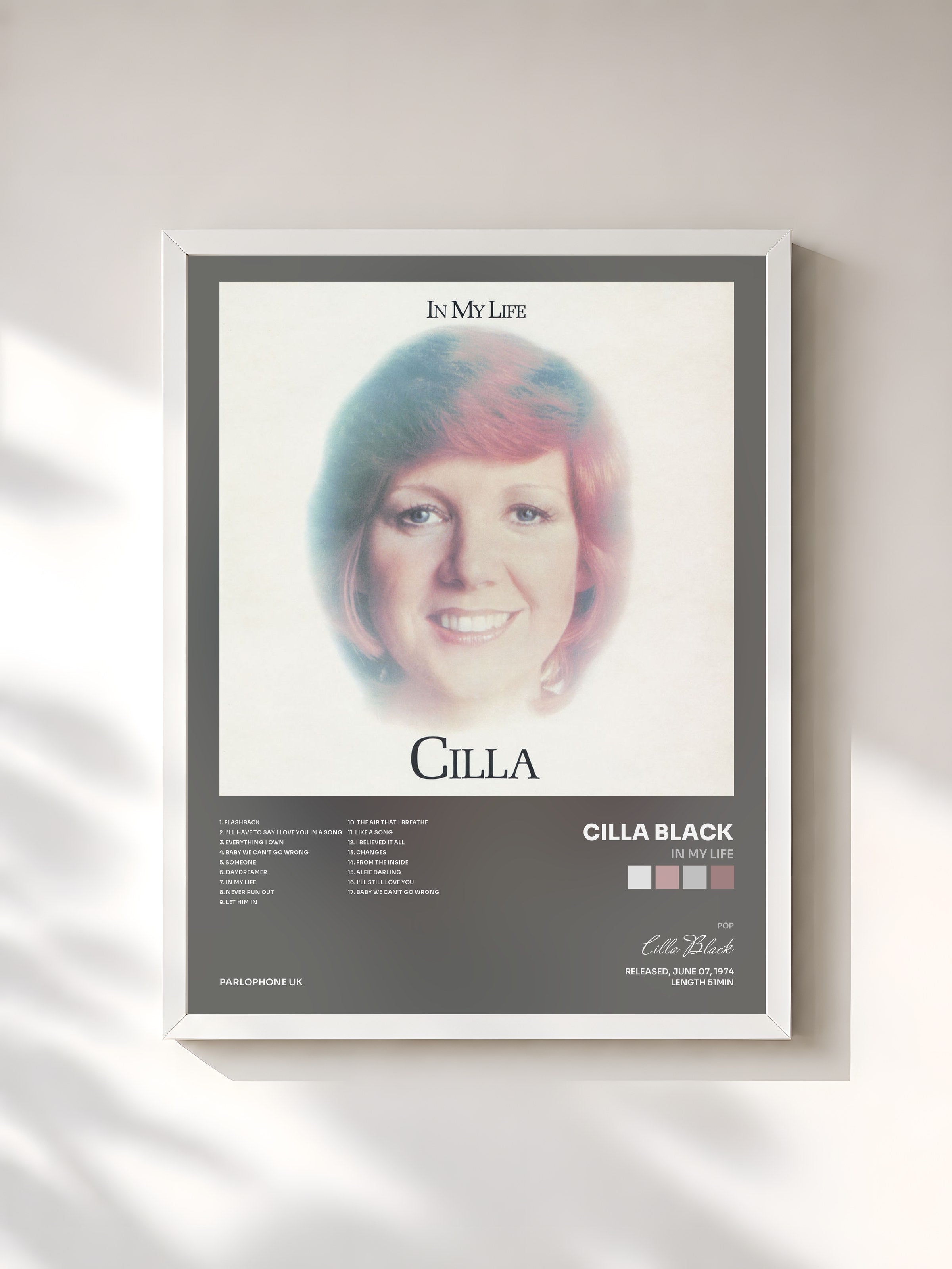 #blanc Tableau de l'album In My Life de Cilla Black, cadre blanc, imprimé et encadré en France