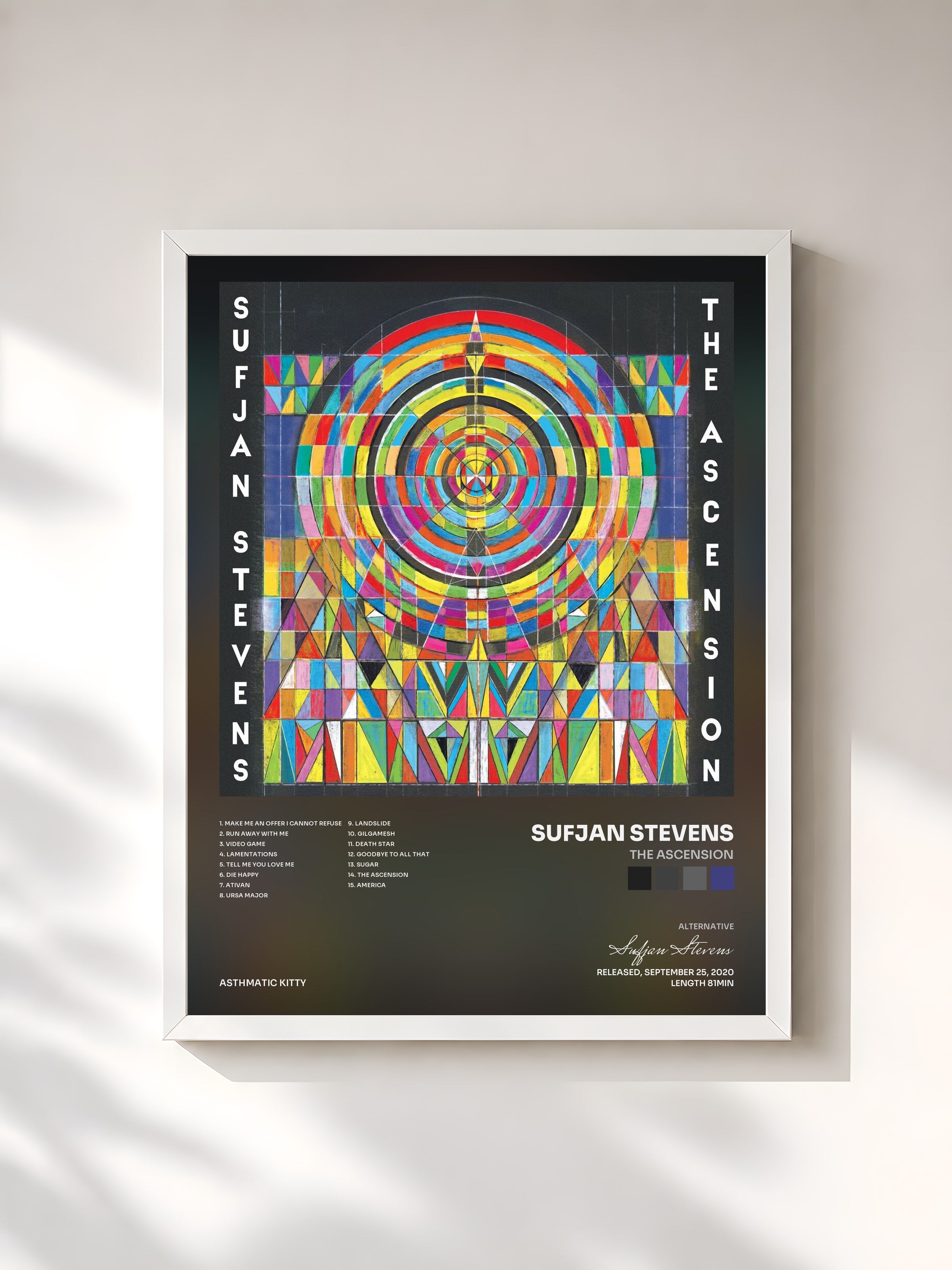 #blanc Tableau de l'album The Ascension de Sufjan Stevens, cadre blanc, imprimé et encadré en France