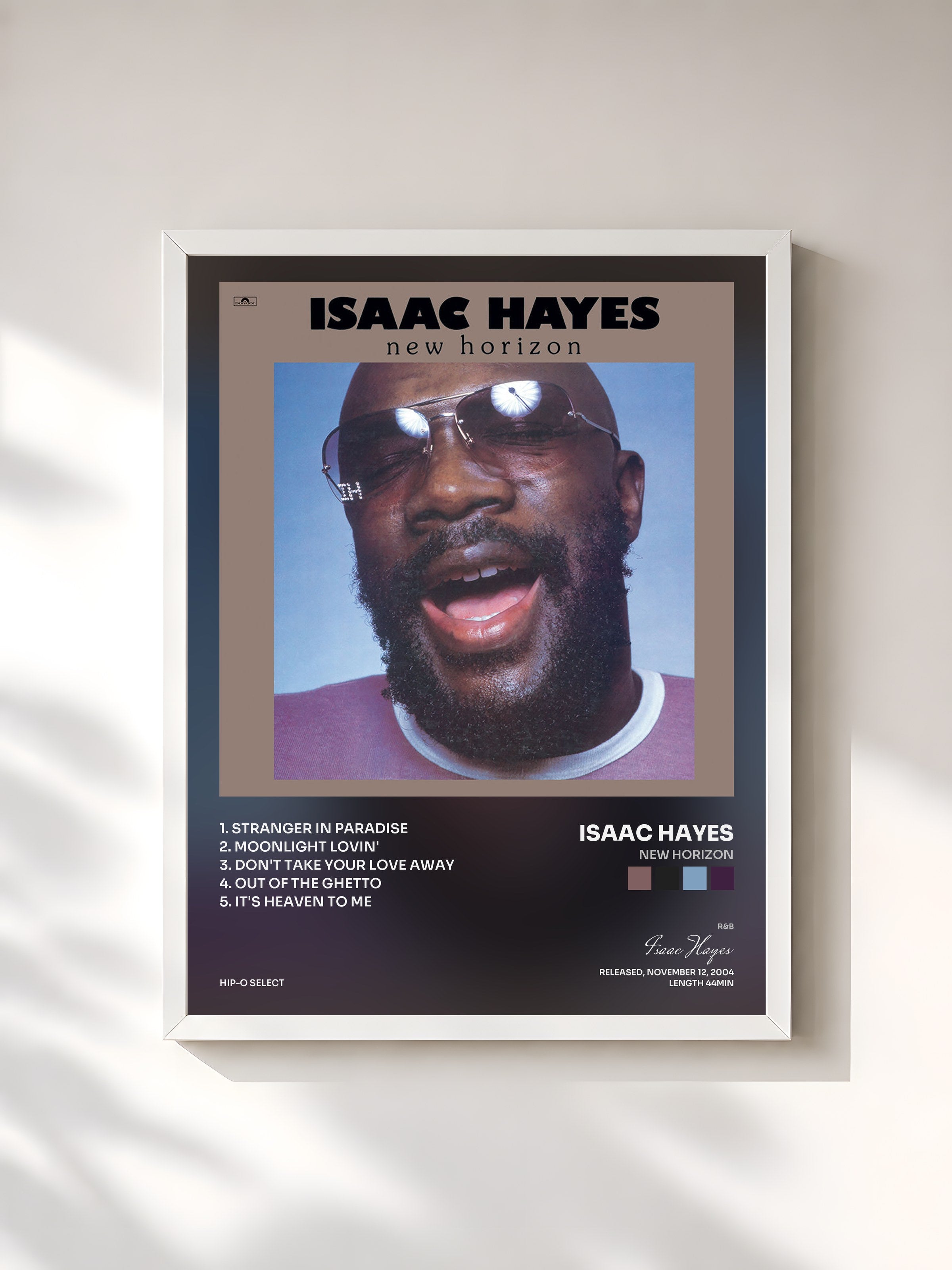 #blanc Tableau de l'album New Horizon de Isaac Hayes, cadre blanc, imprimé et encadré en France