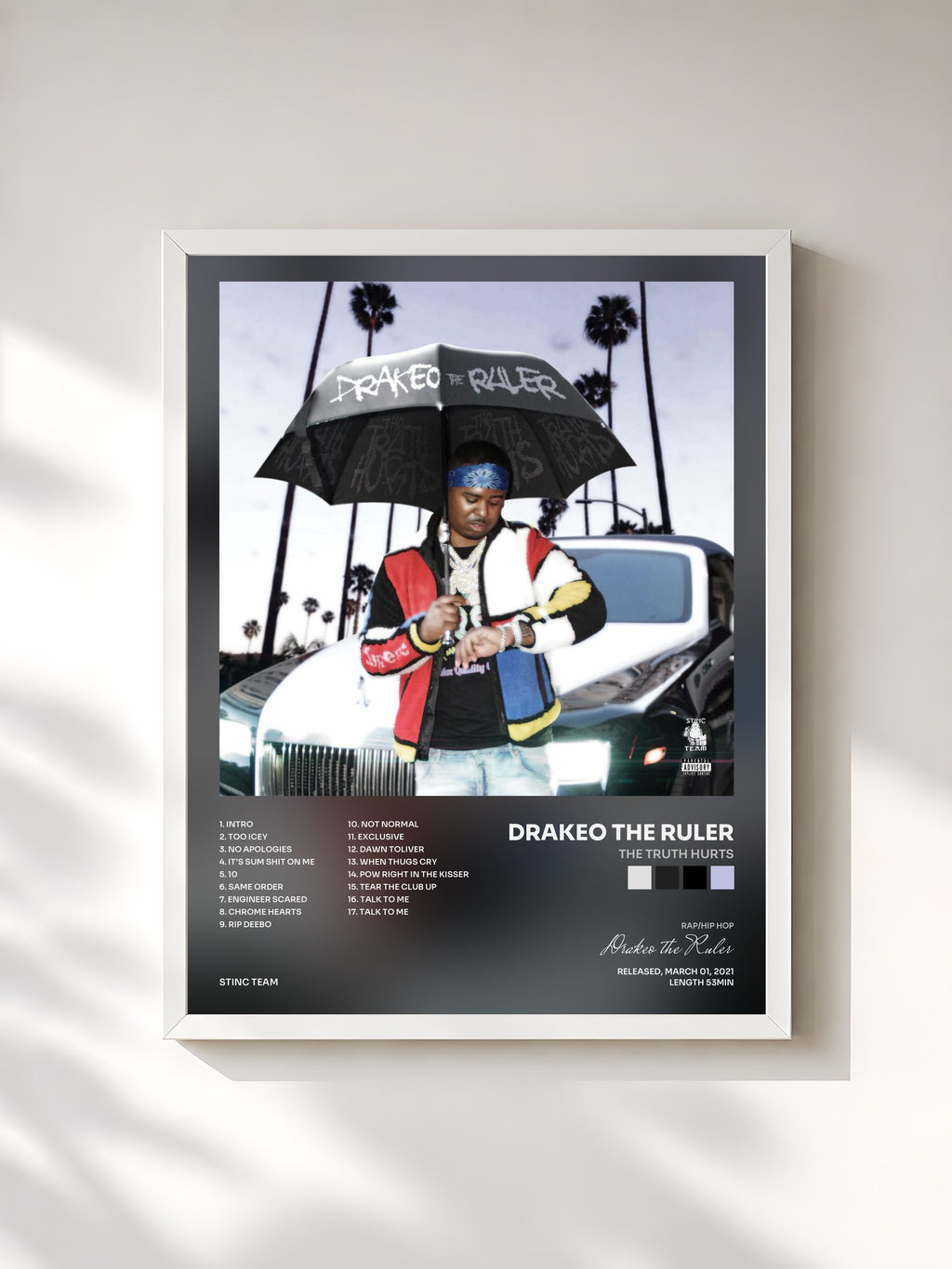#blanc Tableau de l'album The Truth Hurts de Drakeo the Ruler, cadre blanc, imprimé et encadré en France