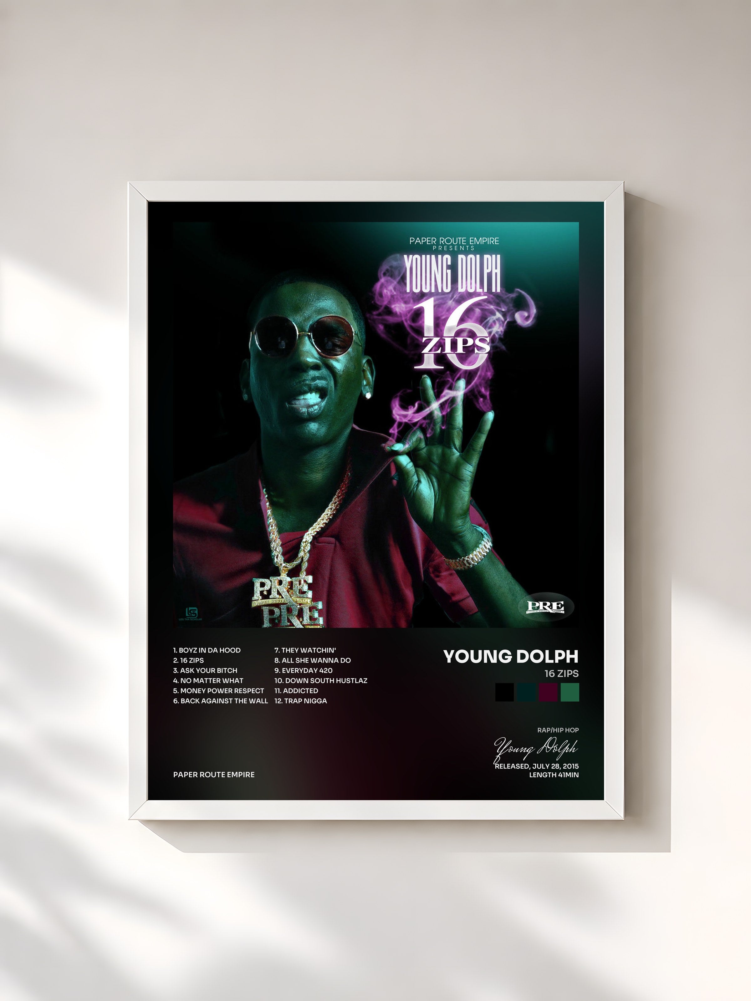 #blanc Tableau de l'album 16 Zips de Young Dolph, cadre blanc, imprimé et encadré en France