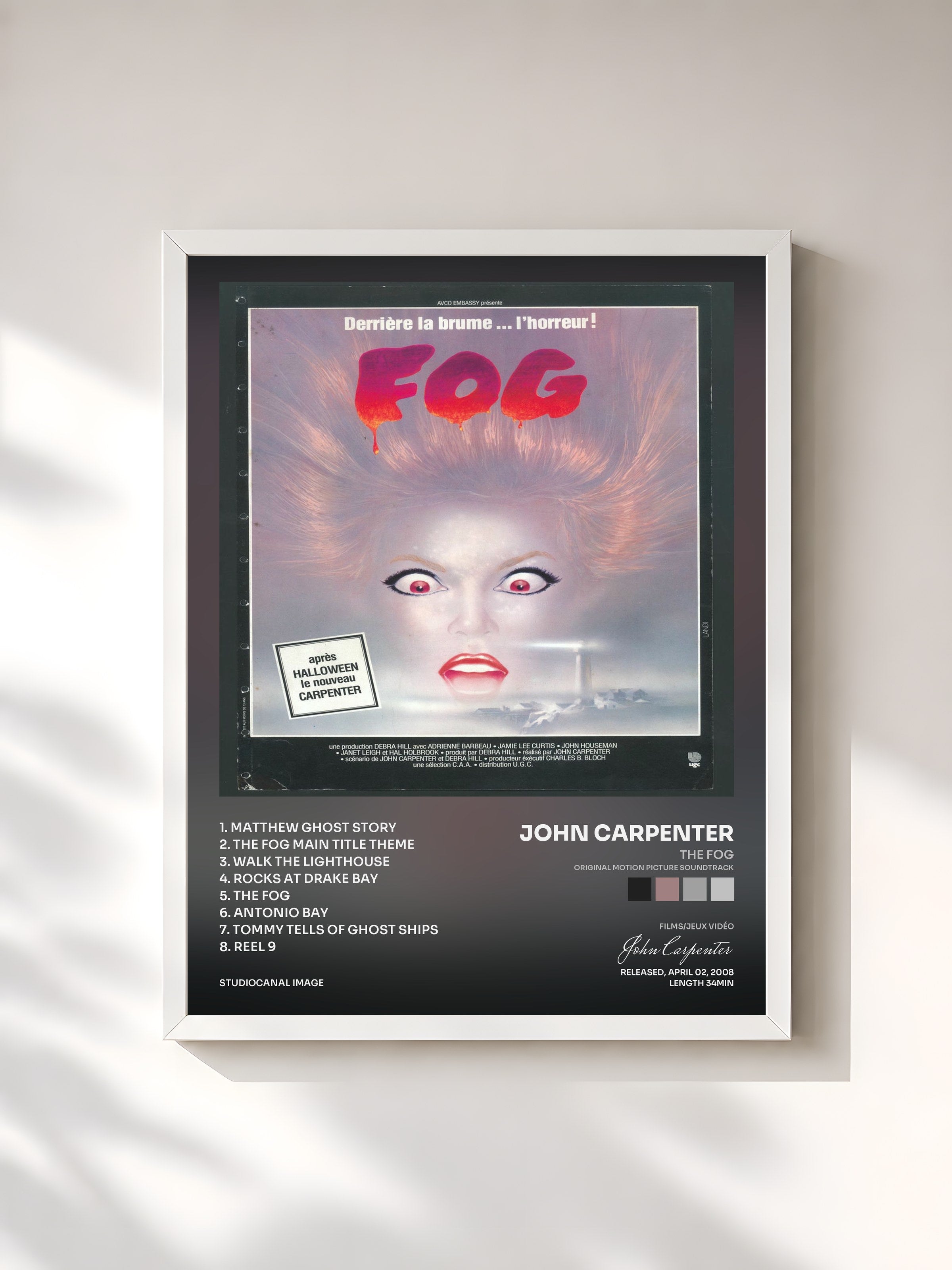 #blanc Tableau de l'album The Fog (Original Motion Picture Soundtrack) de John Carpenter, cadre blanc, imprimé et encadré en France