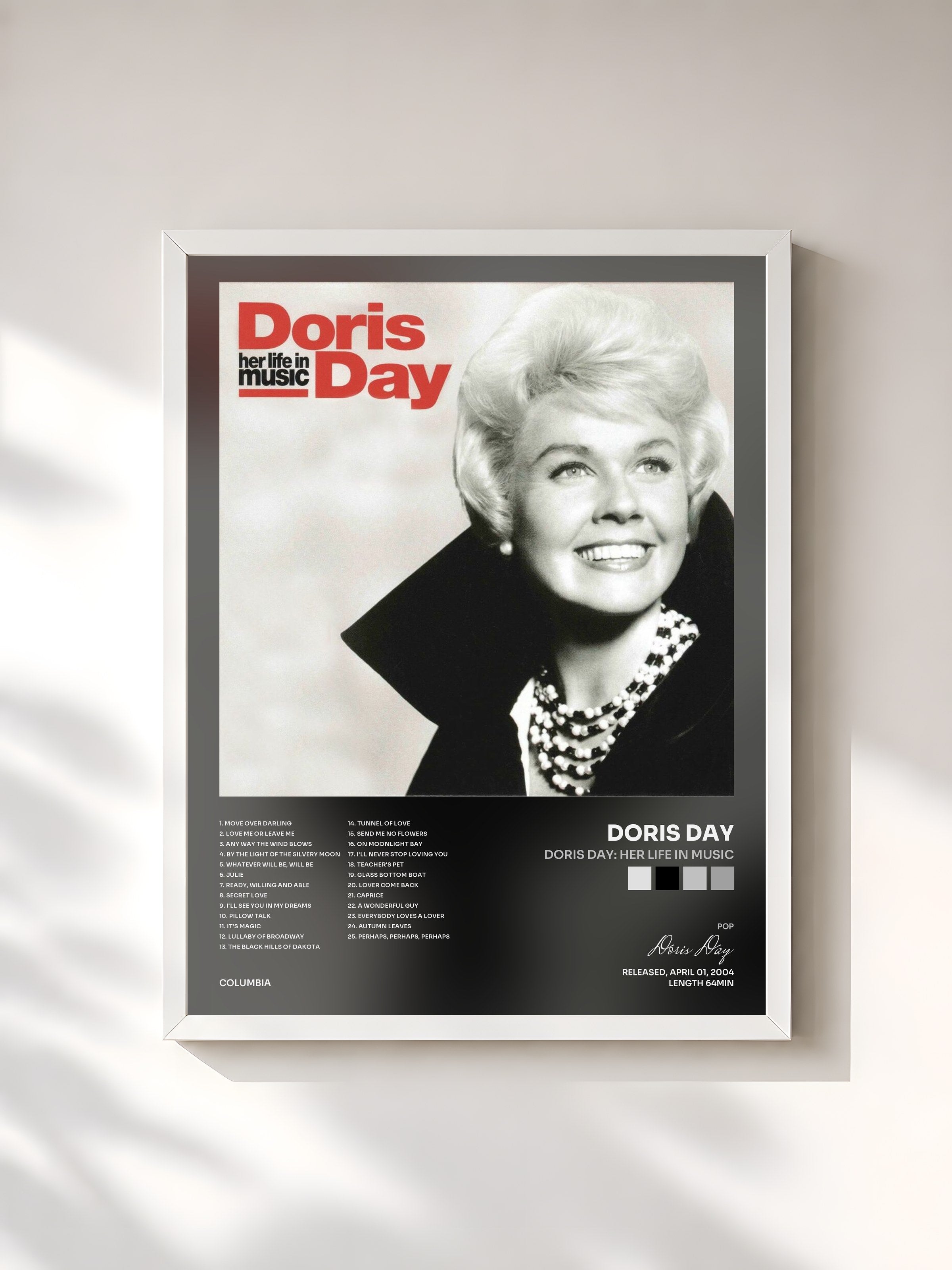 #blanc Tableau de l'album Doris Day: Her Life In Music de Doris Day, cadre blanc, imprimé et encadré en France