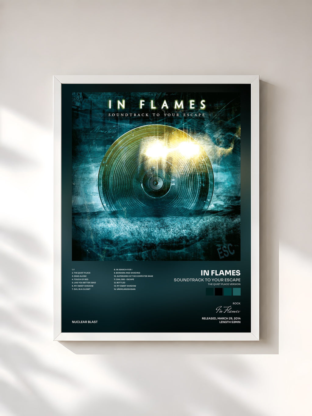 #blanc Tableau de l'album Soundtrack to Your Escape (The Quiet Place Version) de In Flames, cadre blanc, imprimé et encadré en France