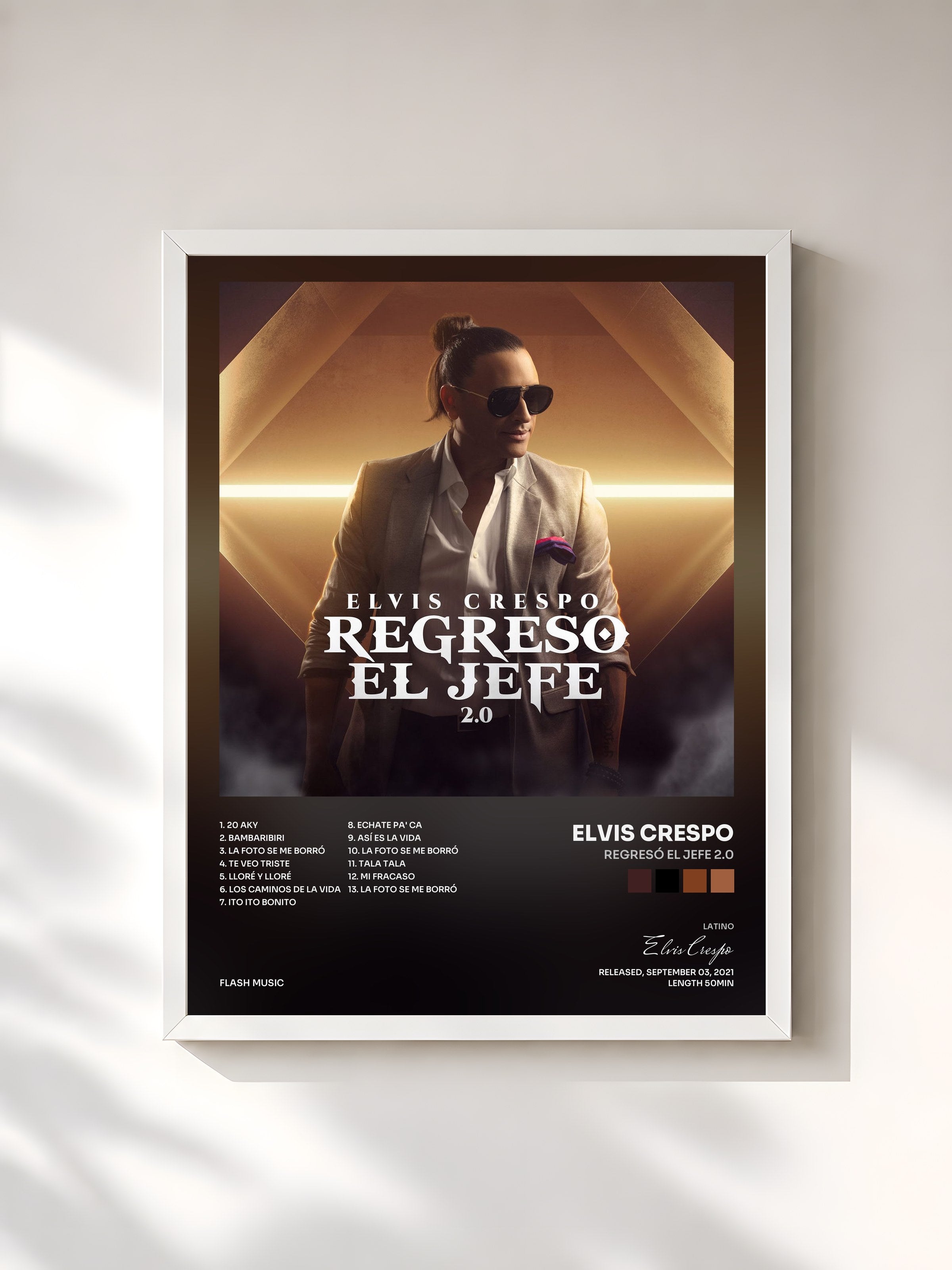 #blanc Tableau de l'album Regresó el Jefe 2.0 de Elvis Crespo, cadre blanc, imprimé et encadré en France
