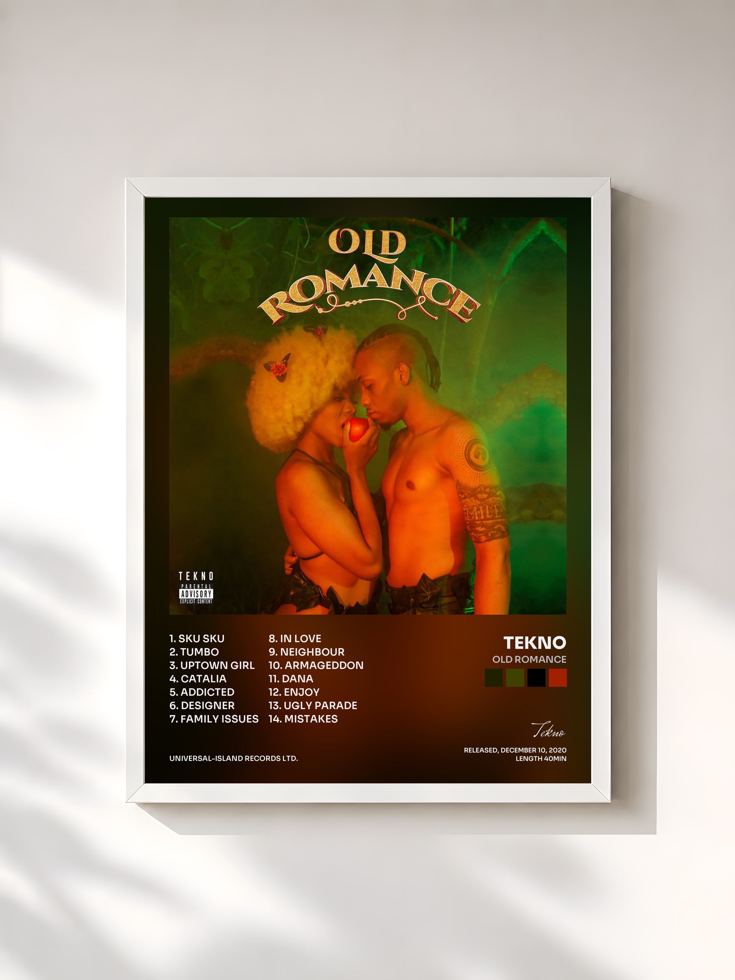 #blanc Tableau de l'album Old Romance de Tekno, cadre blanc, imprimé et encadré en France