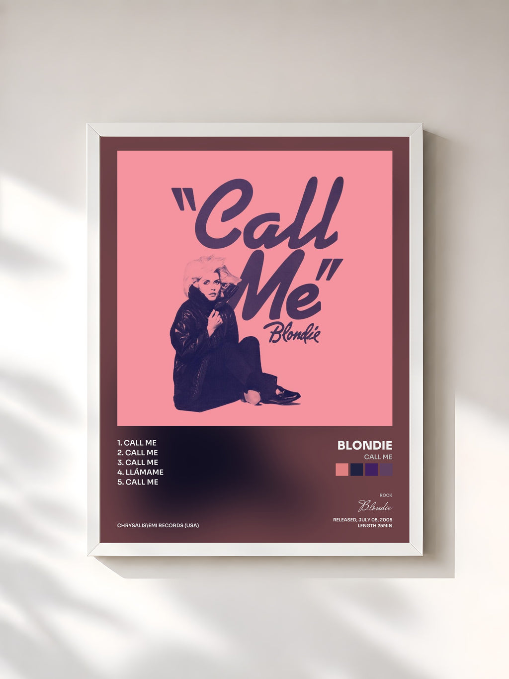 #blanc Tableau de l'album Call Me de Blondie, cadre blanc, imprimé et encadré en France