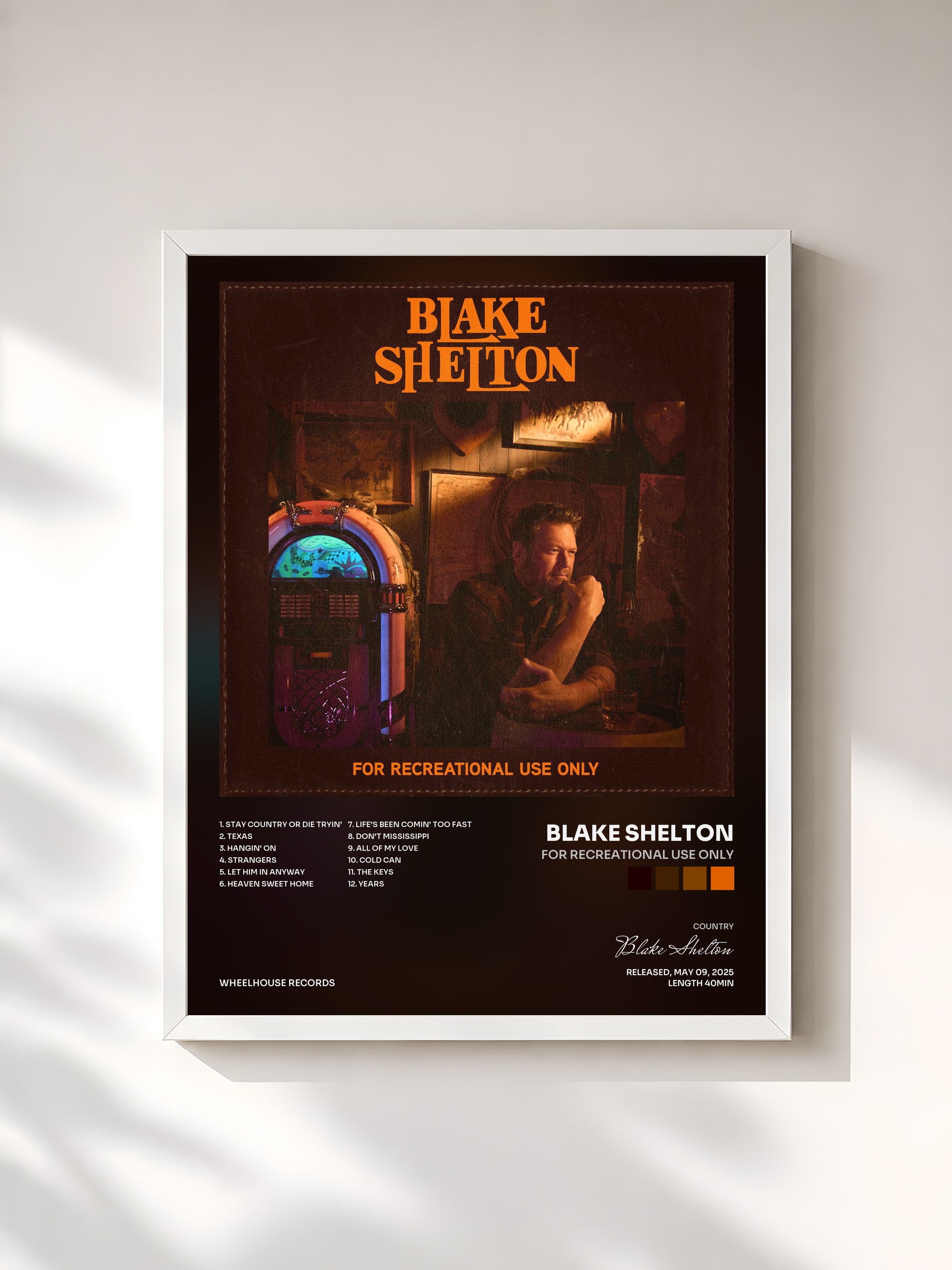 #blanc Tableau de l'album For Recreational Use Only de Blake Shelton, cadre blanc, imprimé et encadré en France