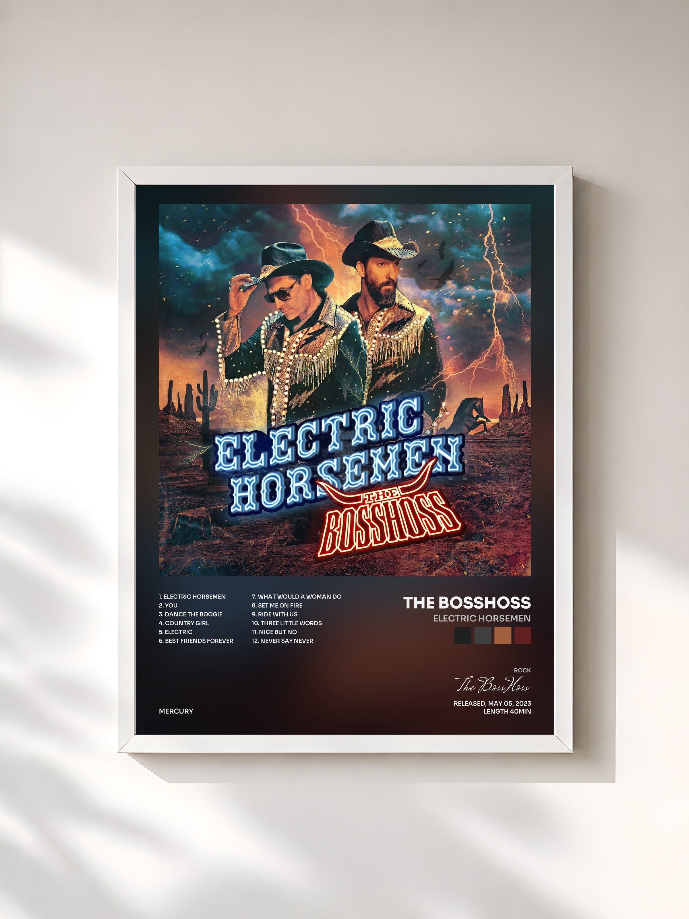 #blanc Tableau de l'album Electric Horsemen de The BossHoss, cadre blanc, imprimé et encadré en France