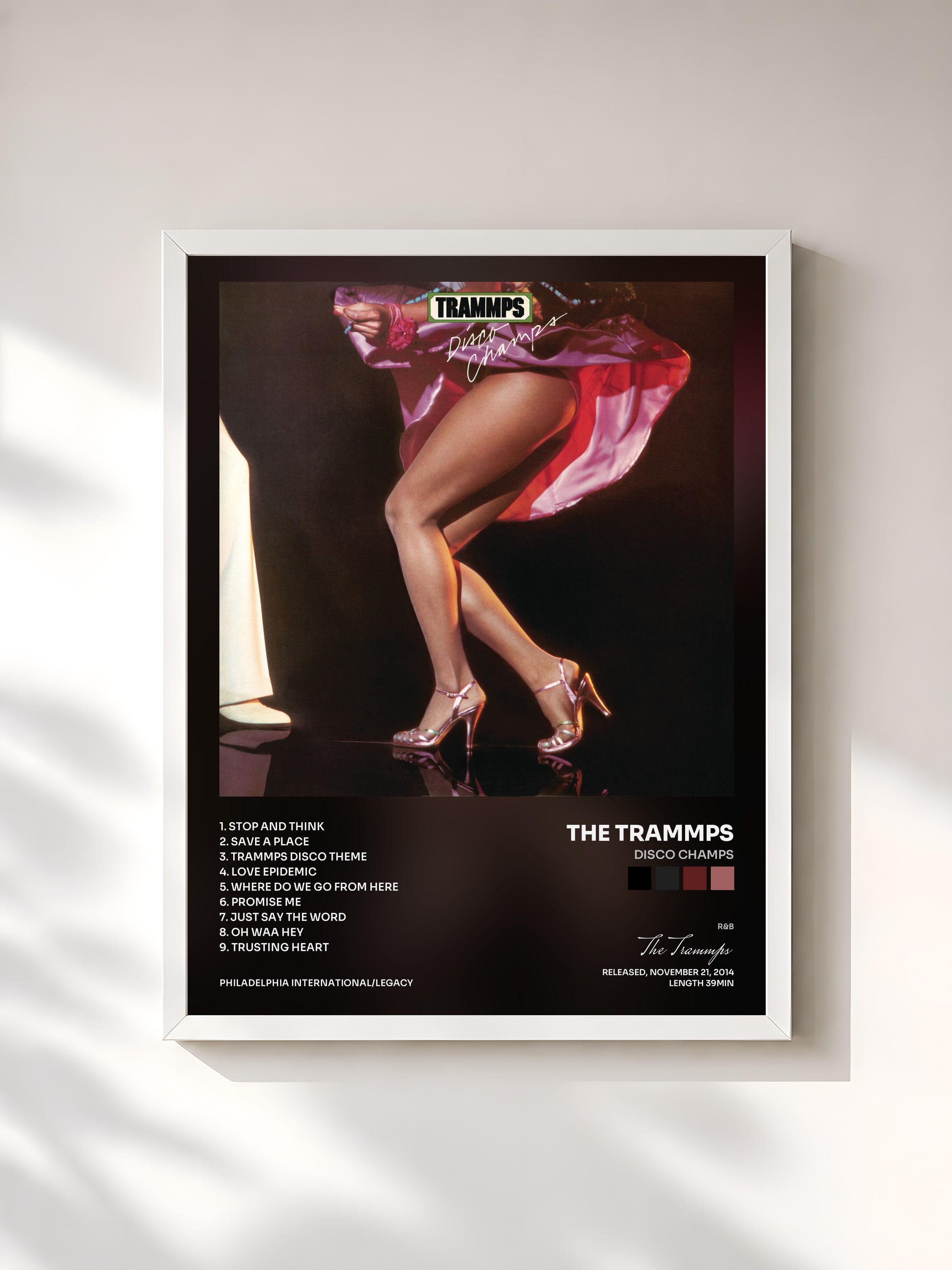 #blanc Tableau de l'album Disco Champs de The Trammps, cadre blanc, imprimé et encadré en France
