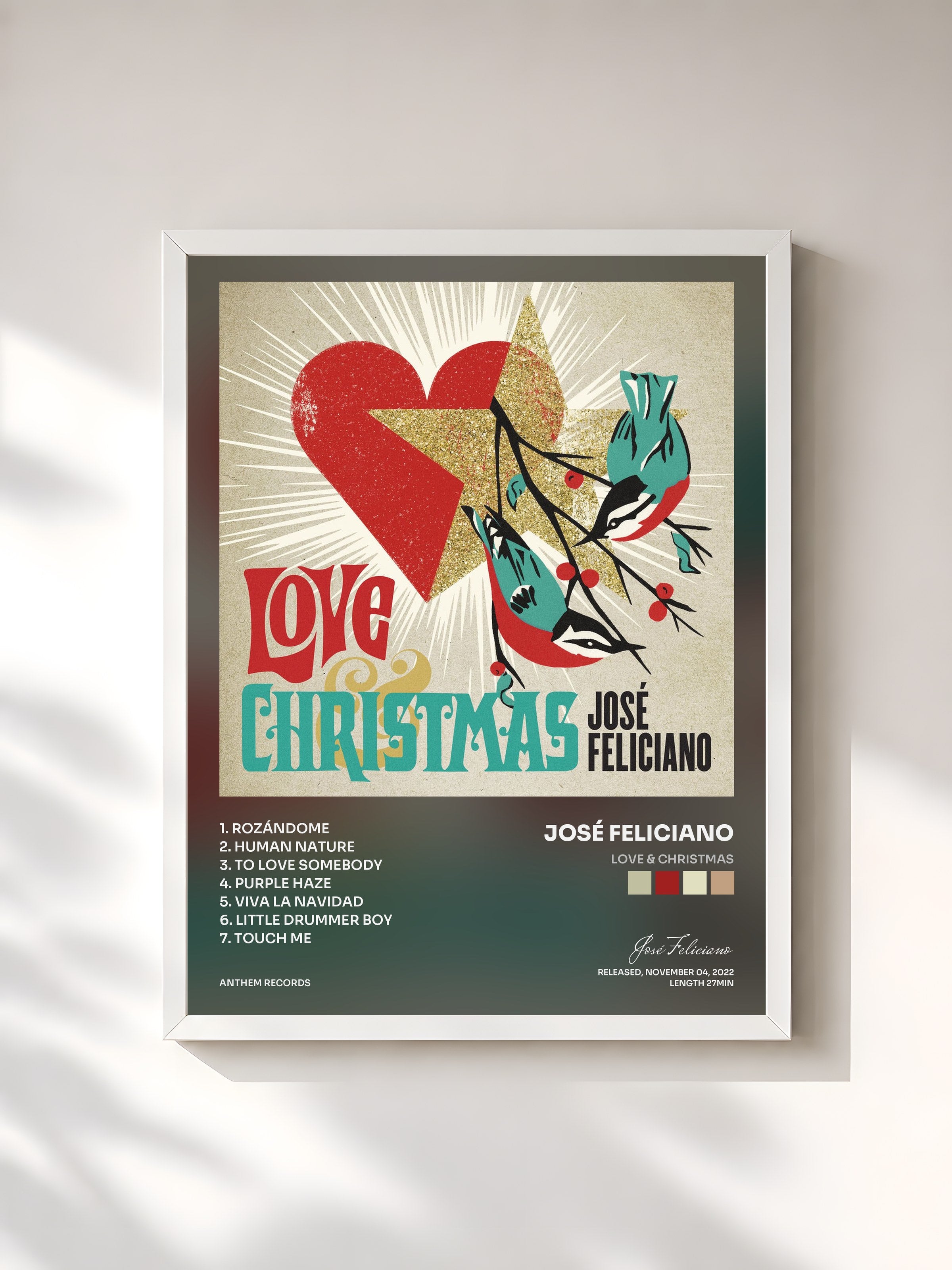 #blanc Tableau de l'album Love & Christmas de José Feliciano, cadre blanc, imprimé et encadré en France