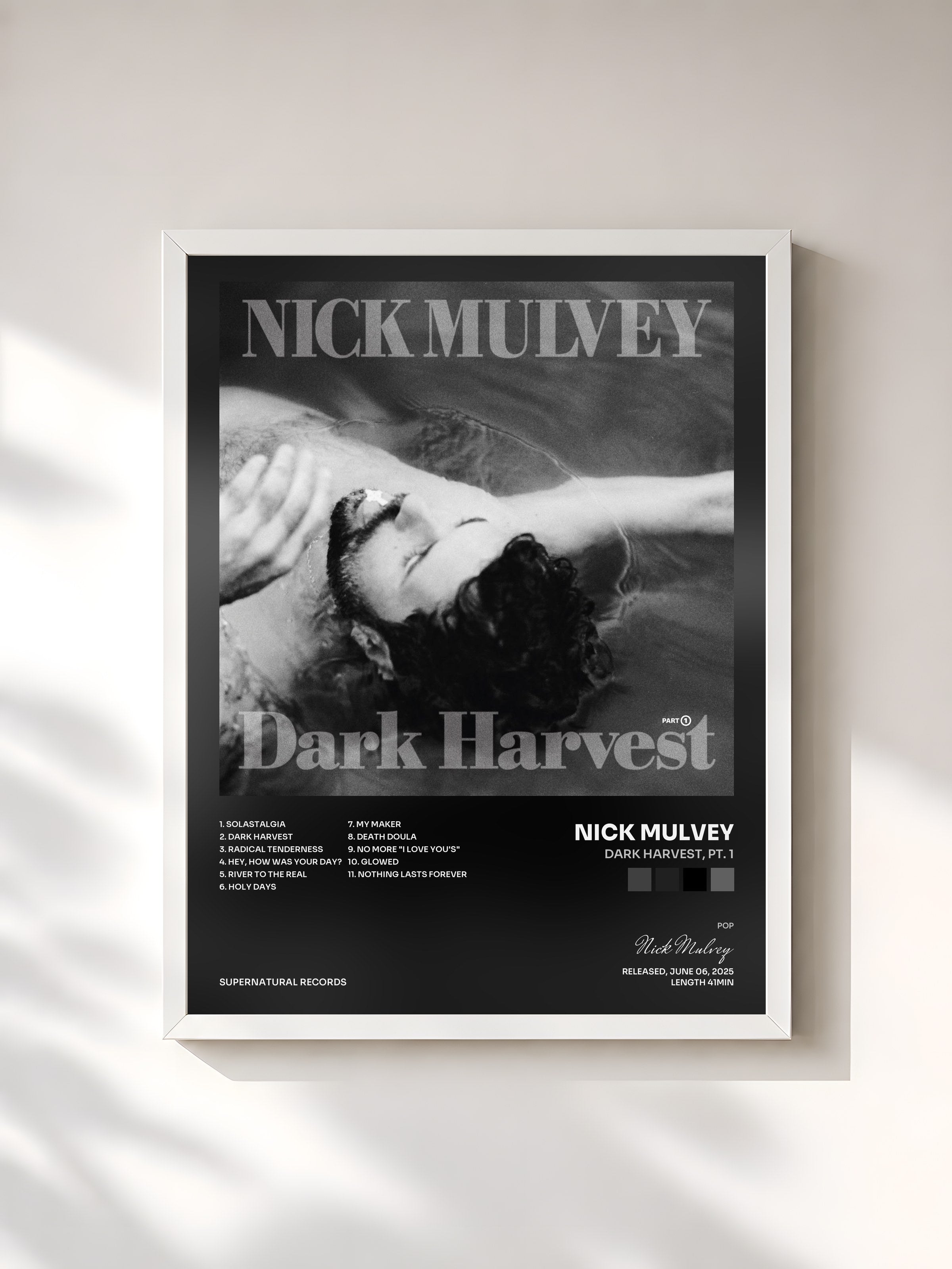 #blanc Tableau de l'album Dark Harvest, Pt. 1 de Nick Mulvey, cadre blanc, imprimé et encadré en France