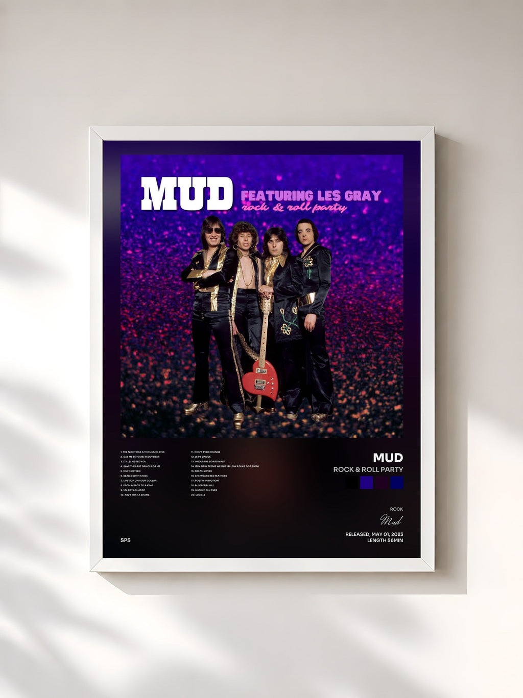 #blanc Tableau de l'album Rock & Roll Party de Mud, cadre blanc, imprimé et encadré en France