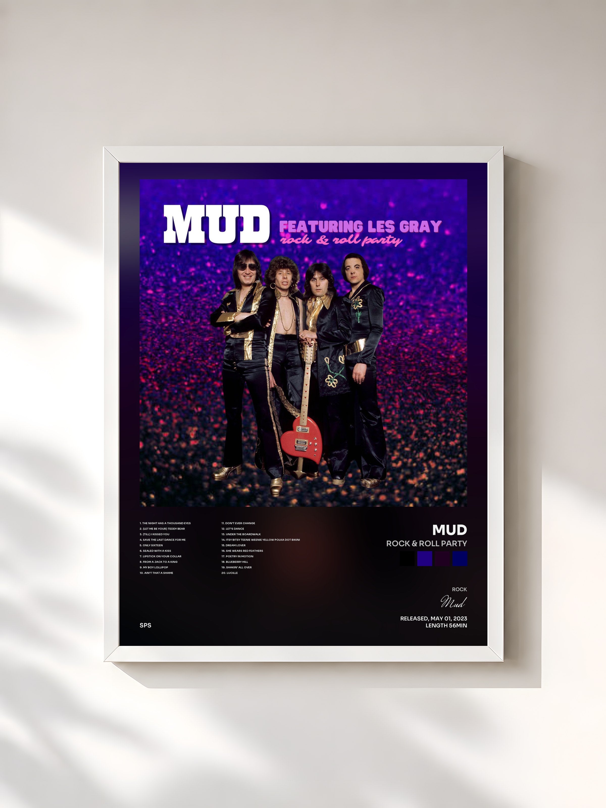 #blanc Tableau de l'album Rock & Roll Party de Mud, cadre blanc, imprimé et encadré en France