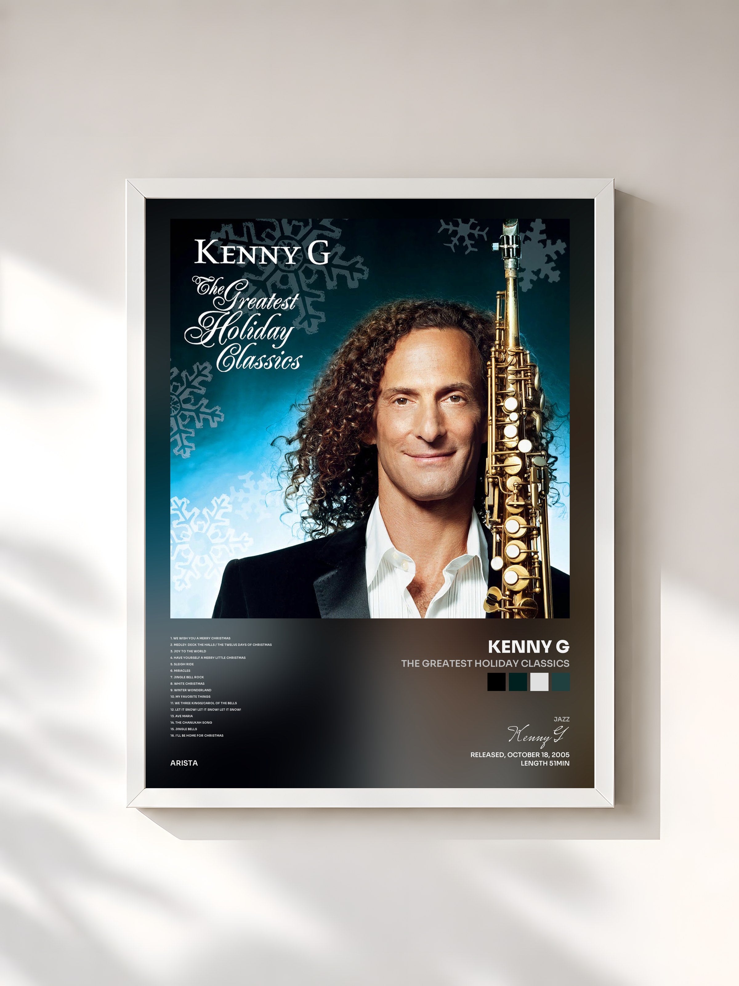 #blanc Tableau de l'album The Greatest Holiday Classics de Kenny G, cadre blanc, imprimé et encadré en France