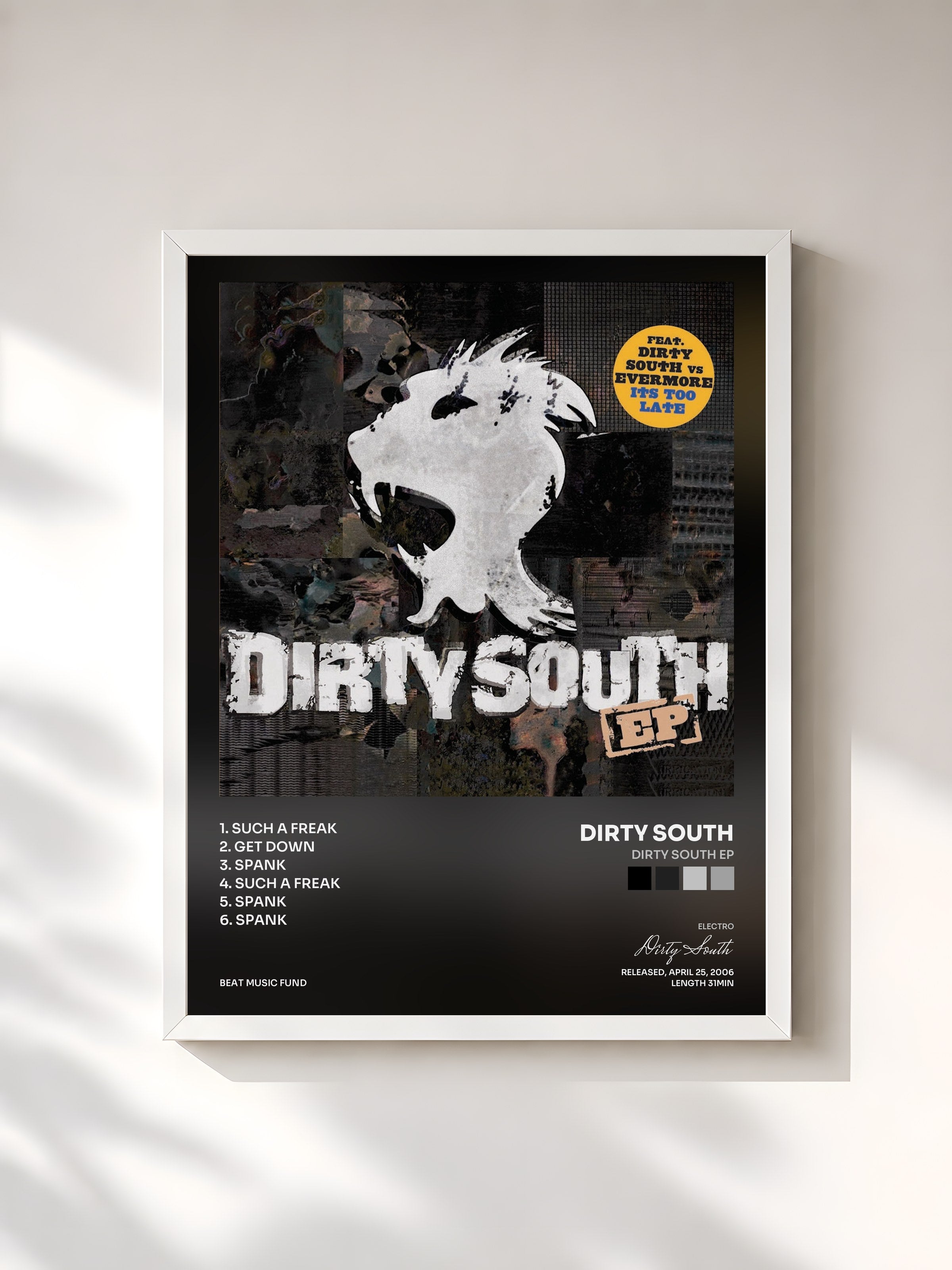 #blanc Tableau de l'album Dirty South EP de Dirty South, cadre blanc, imprimé et encadré en France
