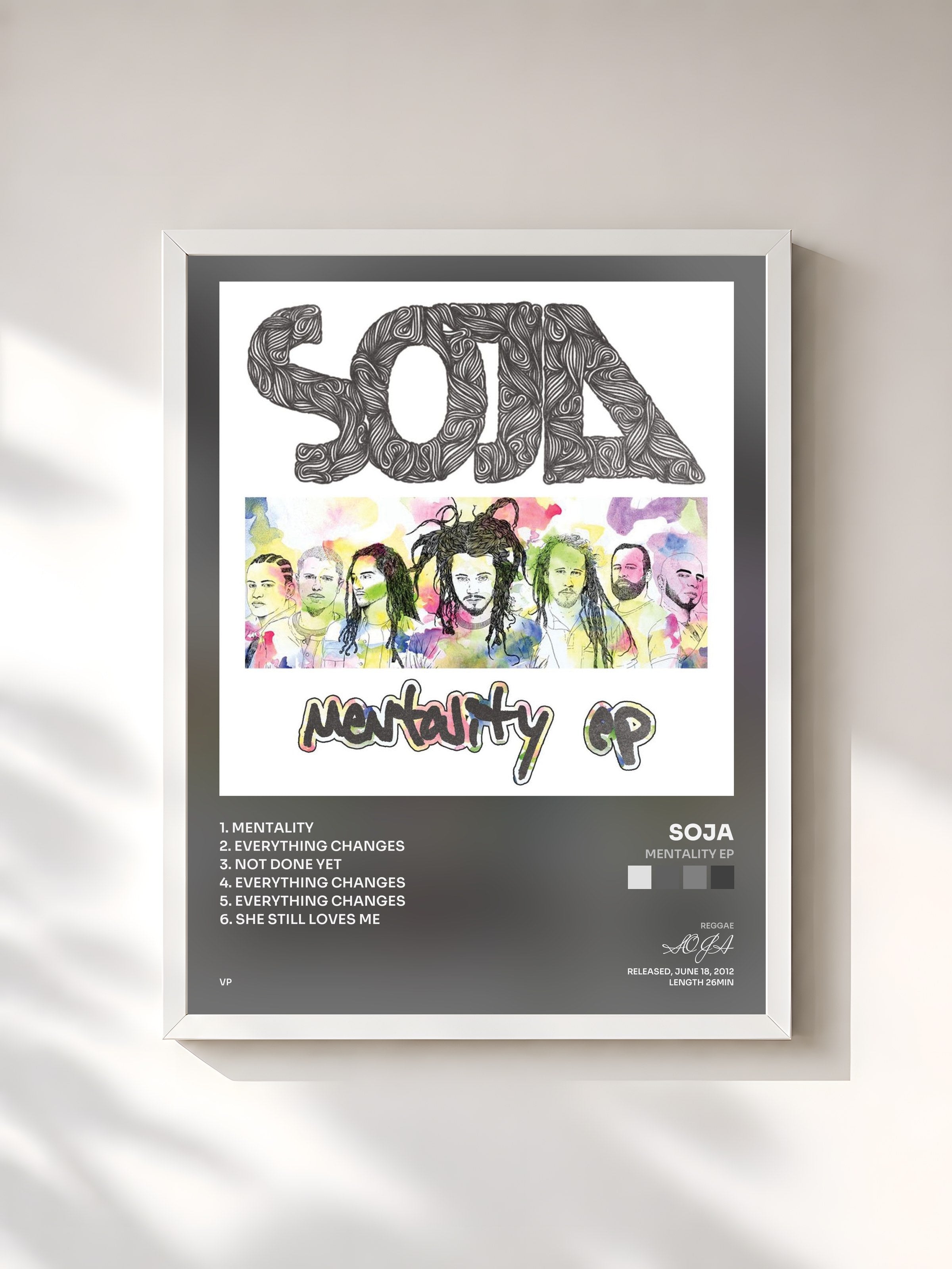 #blanc Tableau de l'album Mentality EP de SOJA, cadre blanc, imprimé et encadré en France