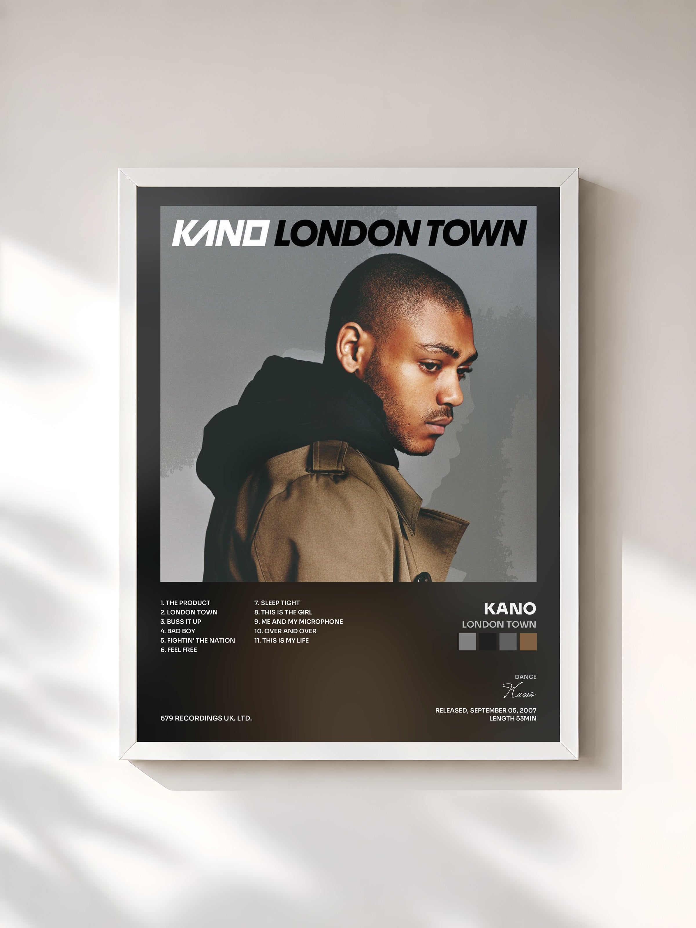 #blanc Tableau de l'album London Town de Kano, cadre blanc, imprimé et encadré en France
