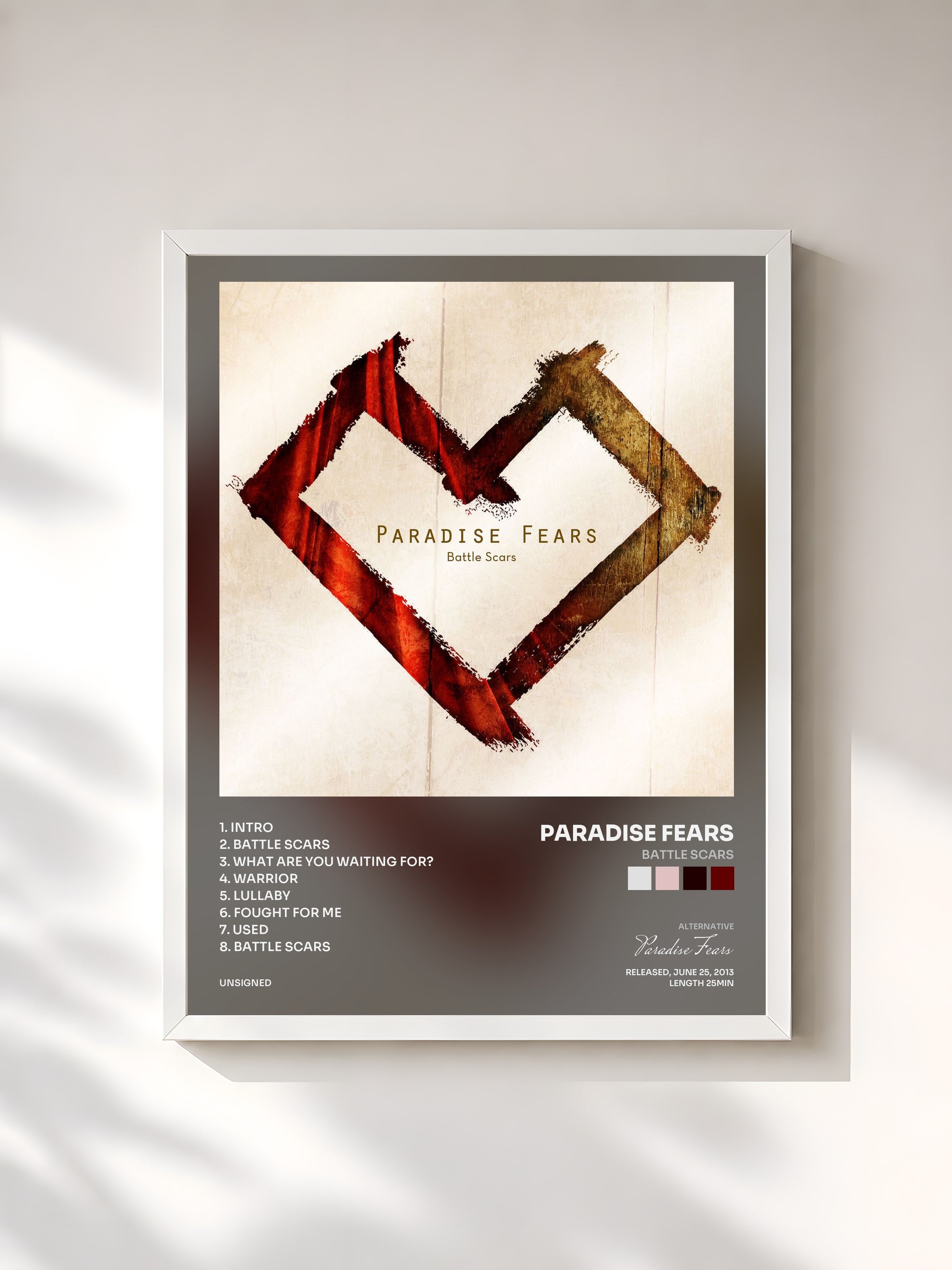 #blanc Tableau de l'album Battle Scars de Paradise Fears, cadre blanc, imprimé et encadré en France