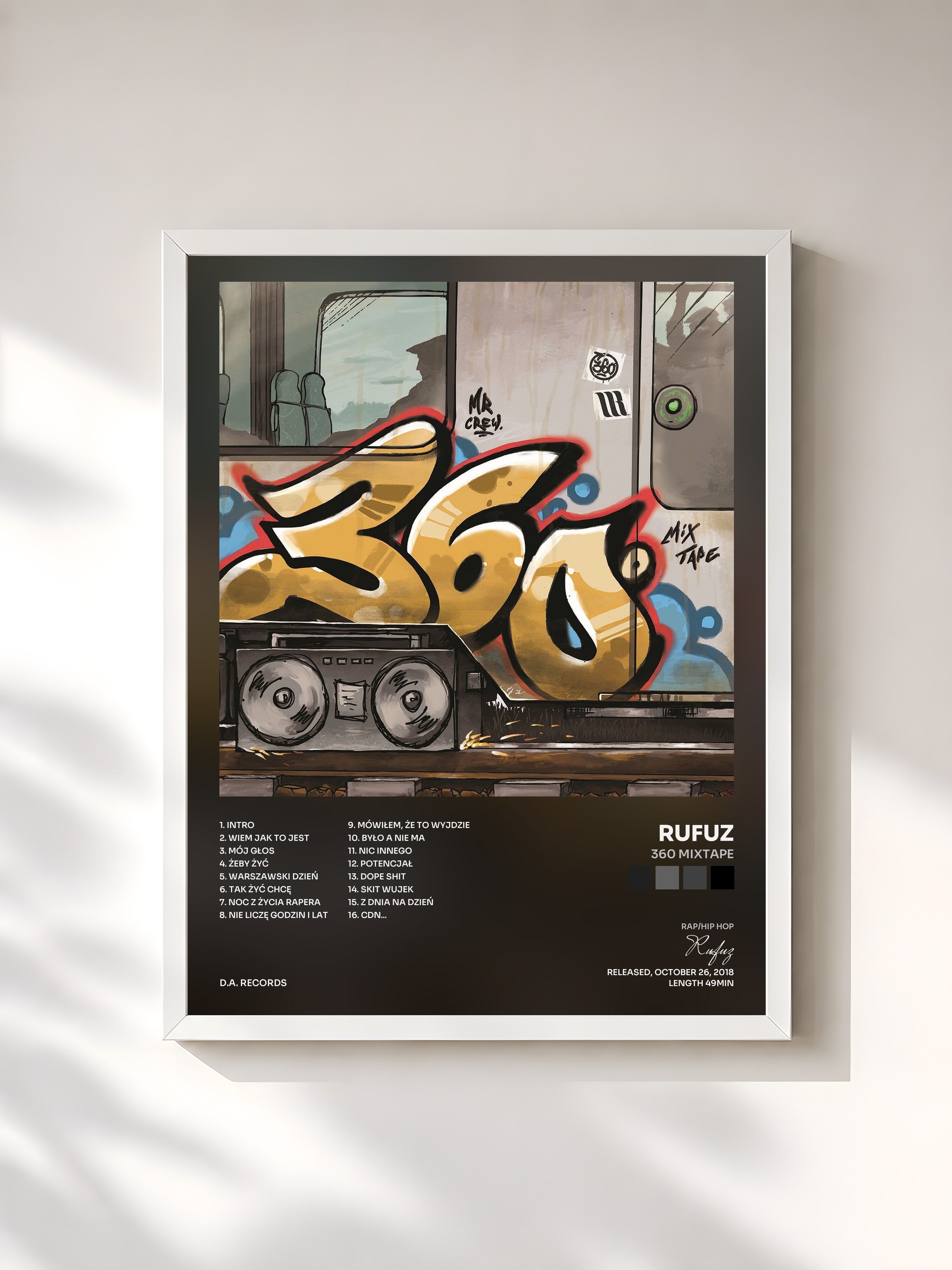 #blanc Tableau de l'album 360 Mixtape de Rufuz, cadre blanc, imprimé et encadré en France