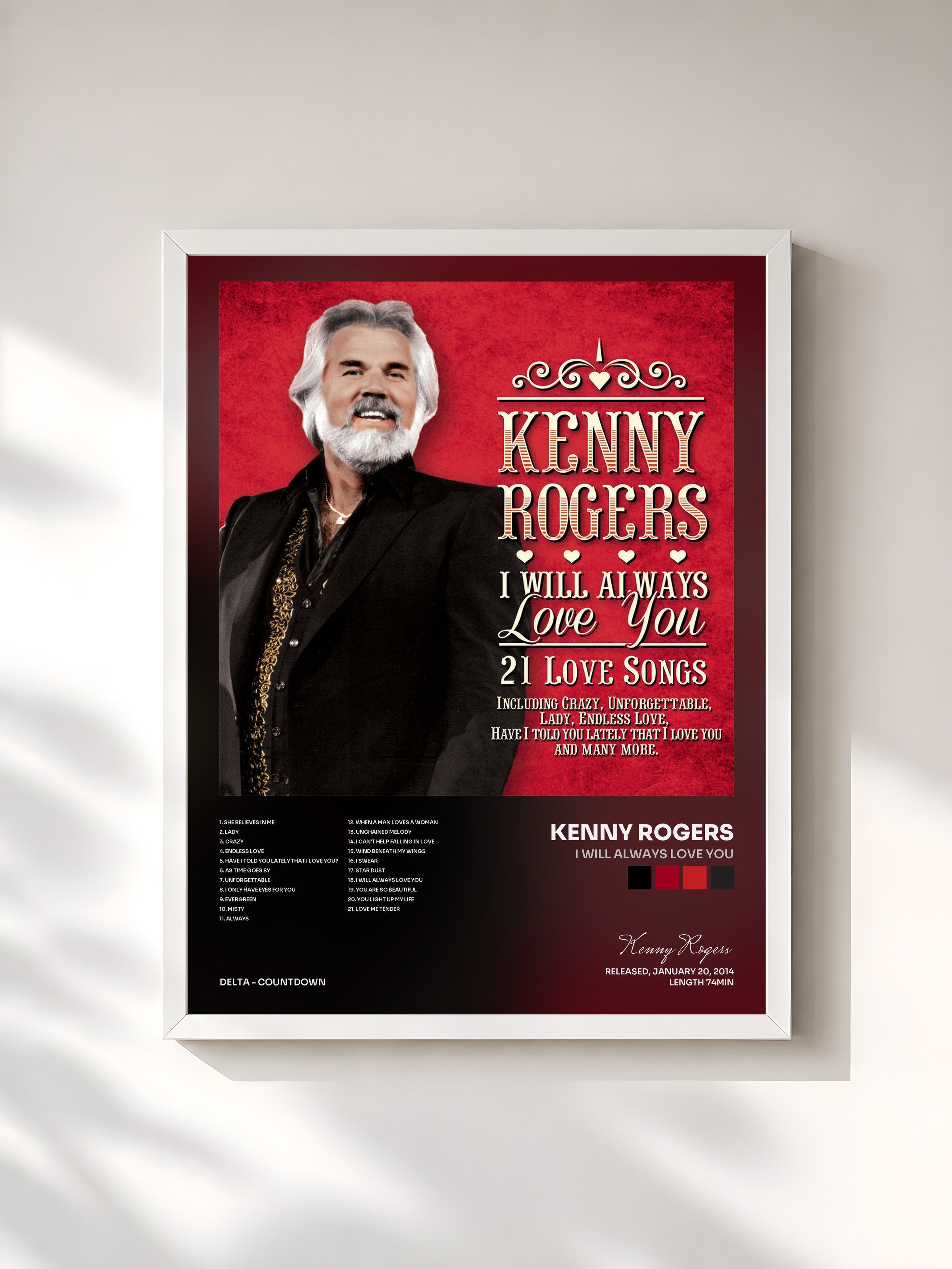 #blanc Tableau de l'album I Will Always Love You de Kenny Rogers, cadre blanc, imprimé et encadré en France