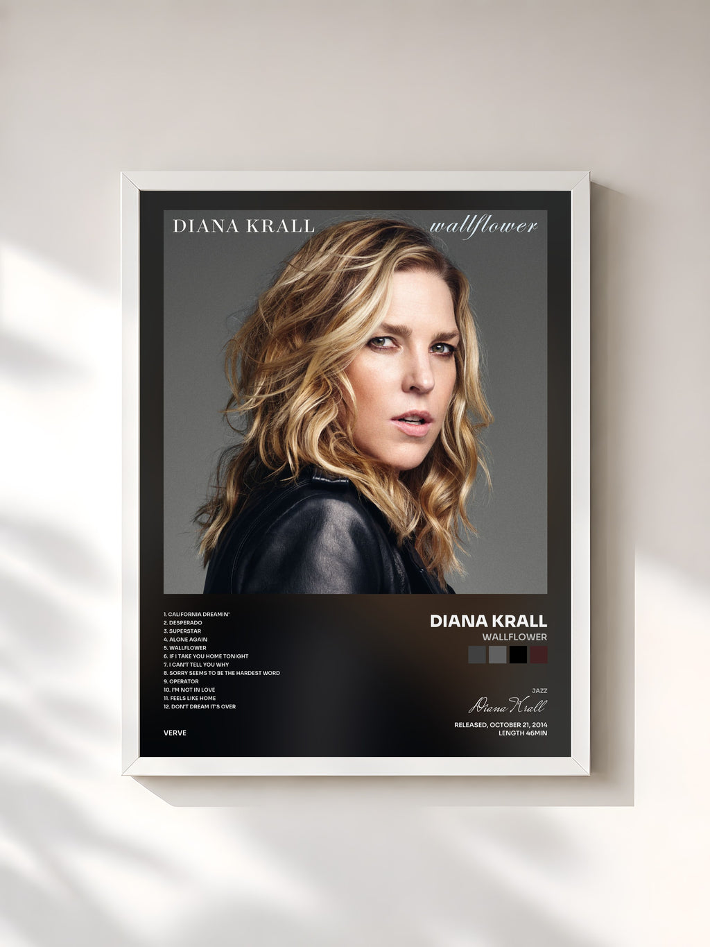 #blanc Tableau de l'album Wallflower de Diana Krall, cadre blanc, imprimé et encadré en France