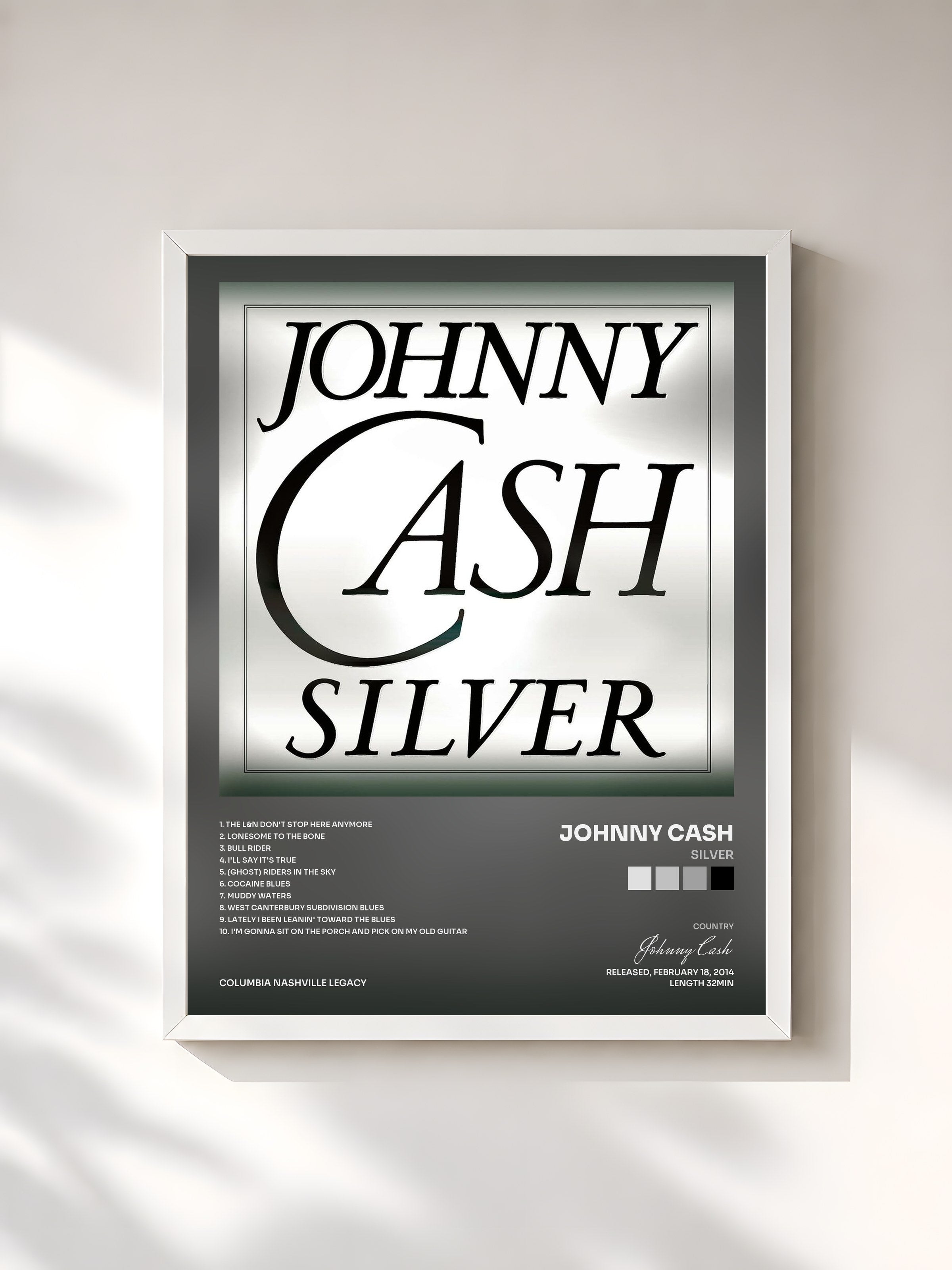 #blanc Tableau de l'album Silver de Johnny Cash, cadre blanc, imprimé et encadré en France