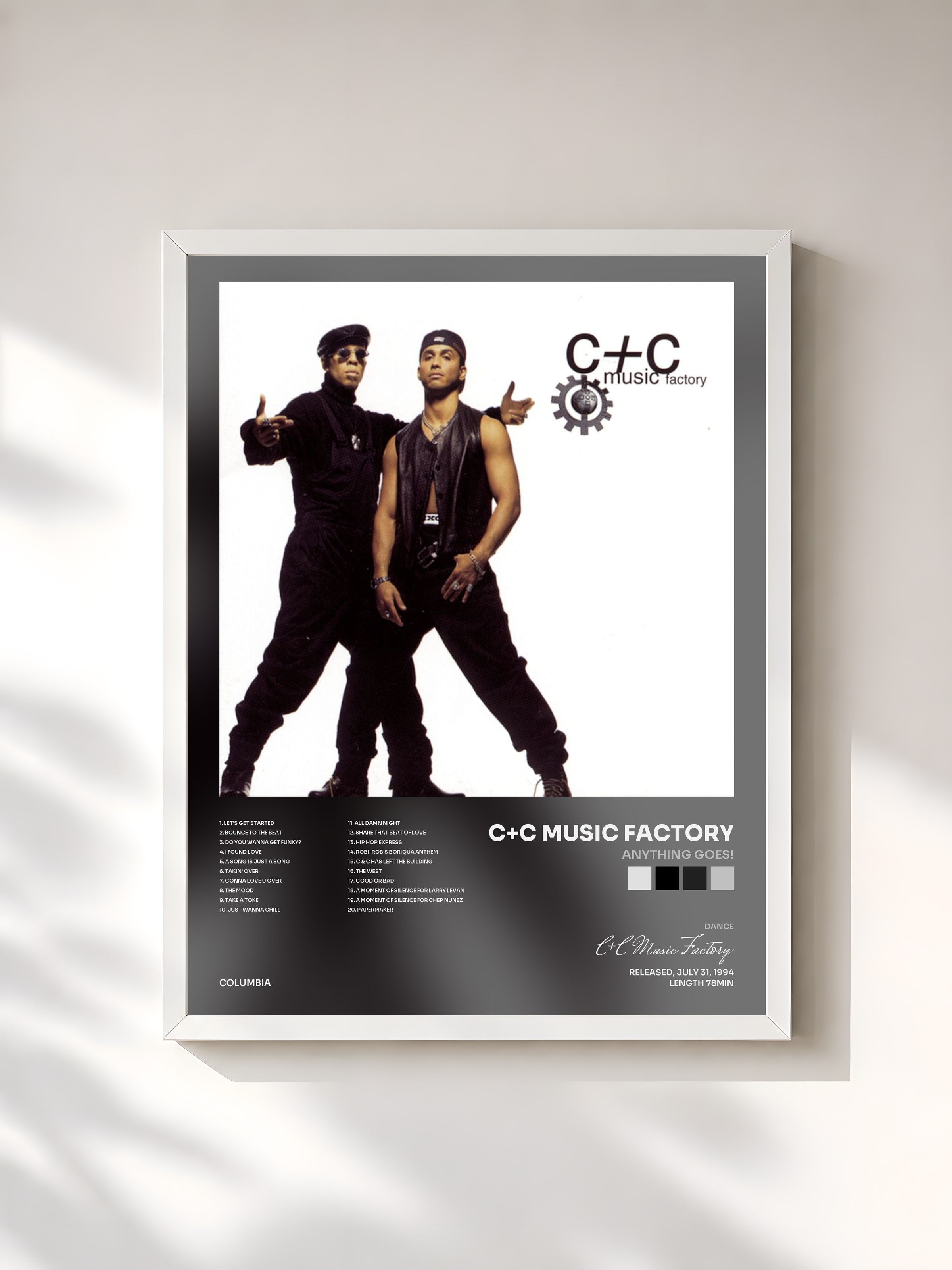 #blanc Tableau de l'album Anything Goes! de C+C Music Factory, cadre blanc, imprimé et encadré en France