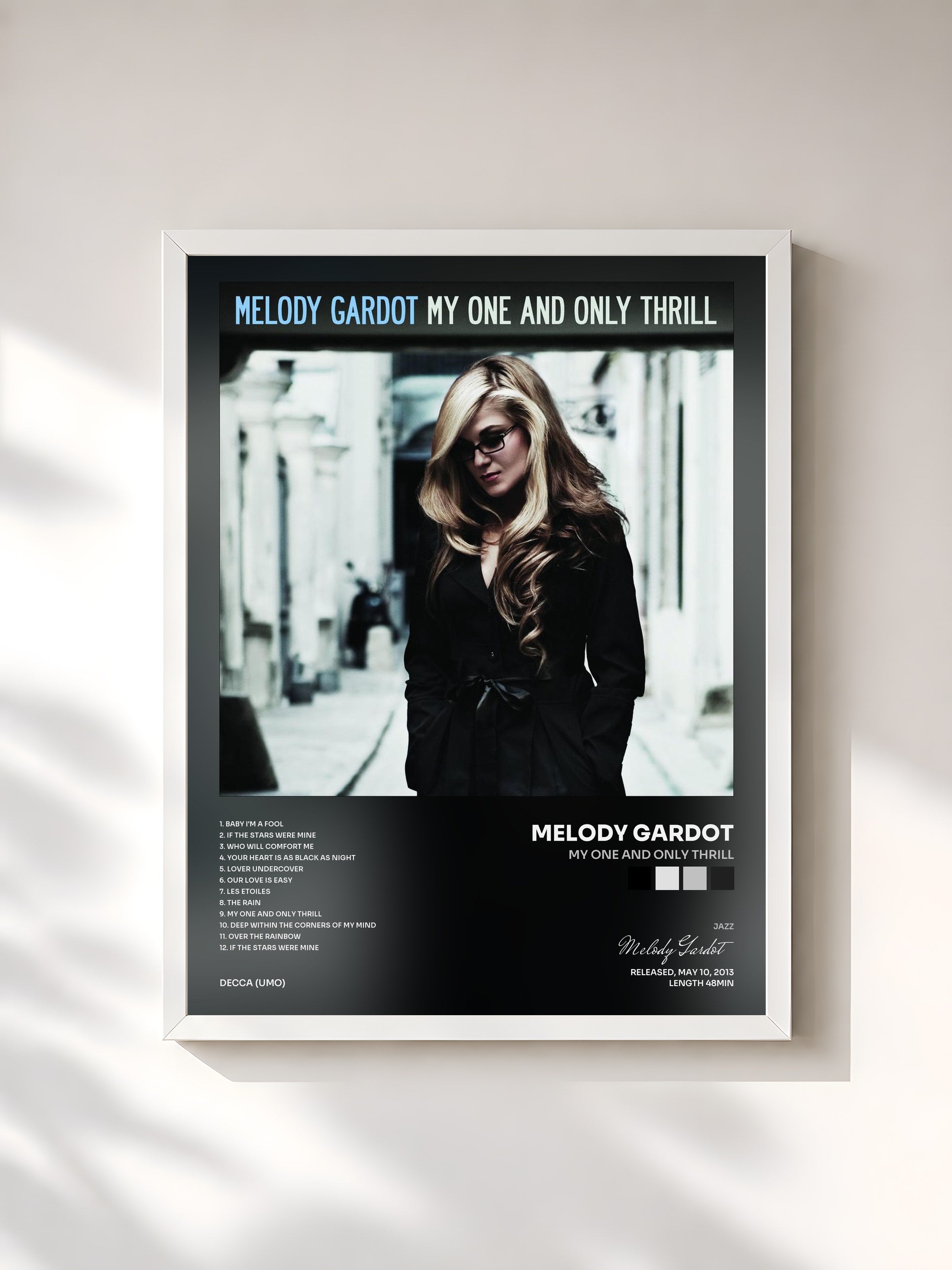 #blanc Tableau de l'album My One And Only Thrill de Melody Gardot, cadre blanc, imprimé et encadré en France