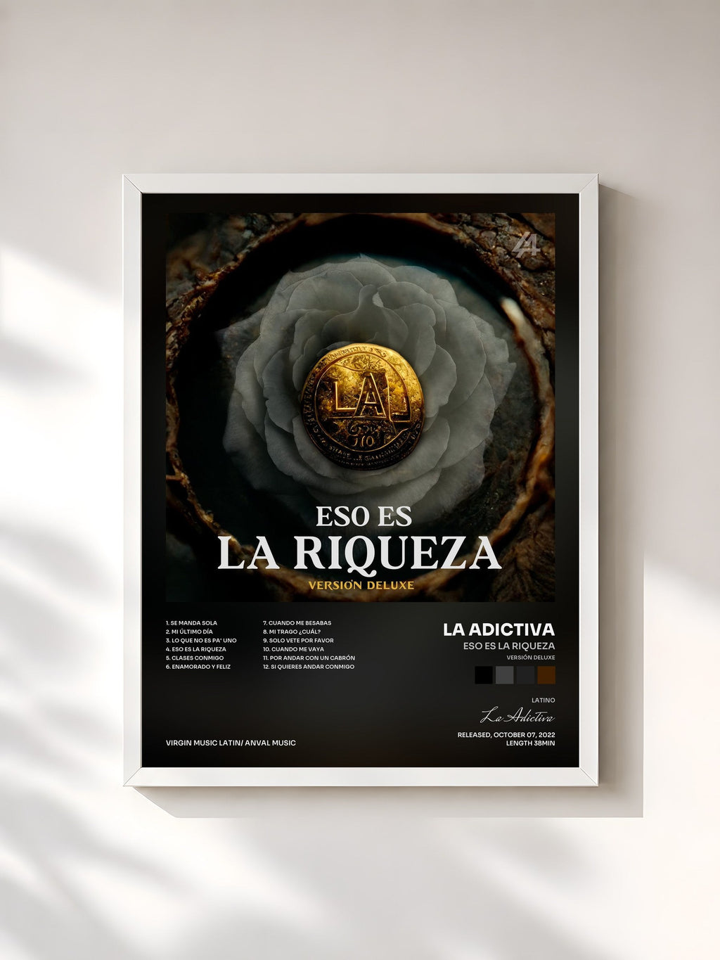 #blanc Tableau de l'album Eso Es La Riqueza (Versión Deluxe) de La Adictiva, cadre blanc, imprimé et encadré en France