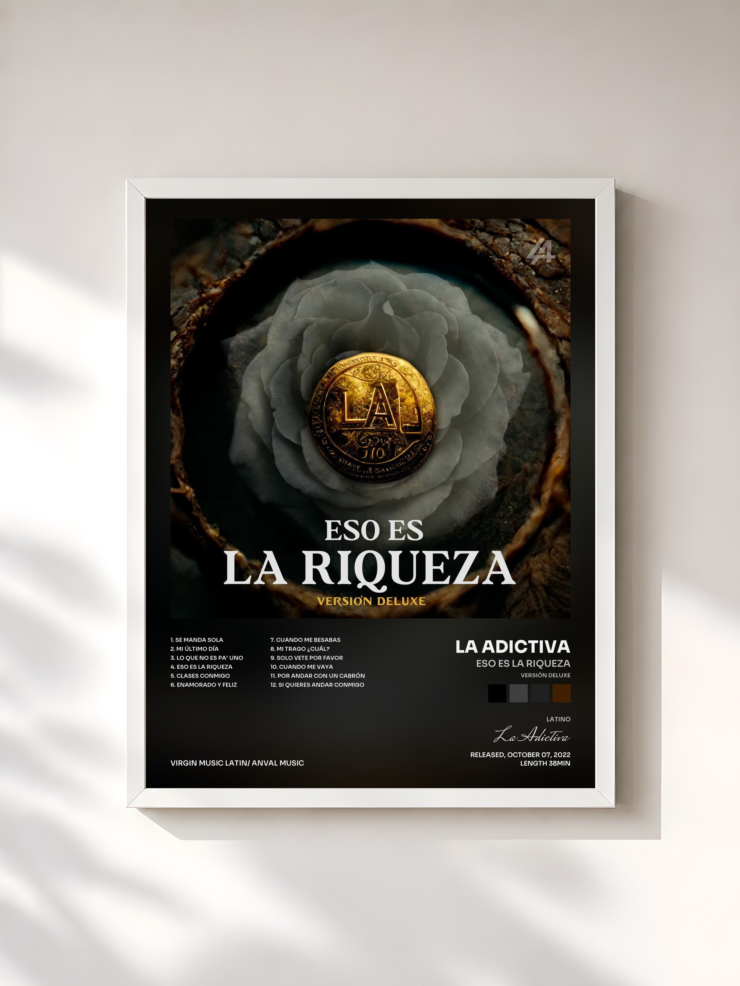 #blanc Tableau de l'album Eso Es La Riqueza (Versión Deluxe) de La Adictiva, cadre blanc, imprimé et encadré en France