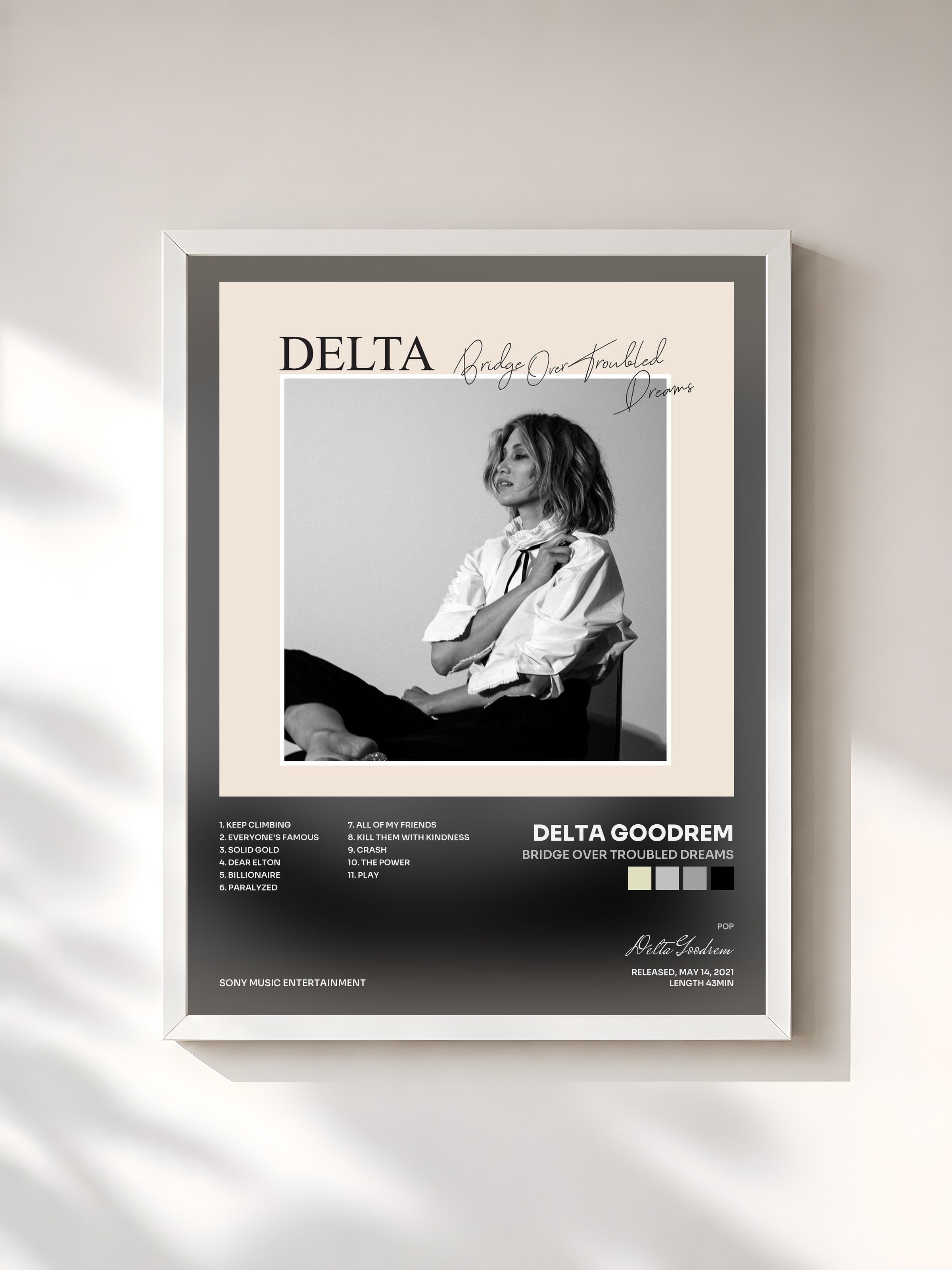 #blanc Tableau de l'album Bridge Over Troubled Dreams de Delta Goodrem, cadre blanc, imprimé et encadré en France