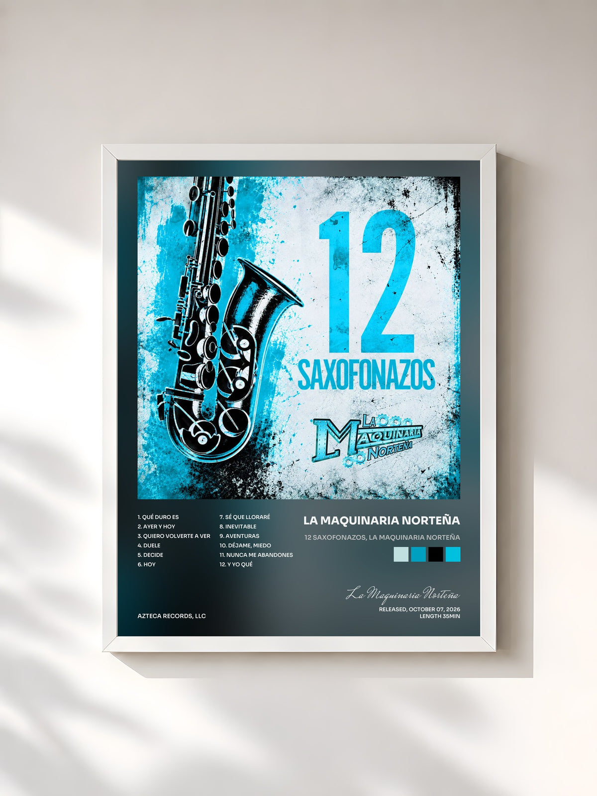 #blanc Tableau de l'album 12 Saxofonazos, La Maquinaria Norteña de La Maquinaria Norteña, cadre blanc, imprimé et encadré en France