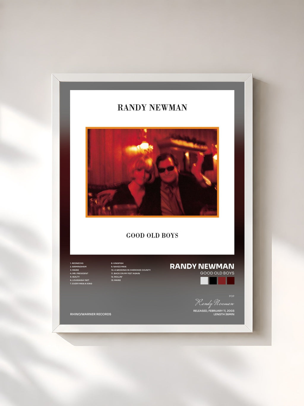 #blanc Good Old Boys by Randy Newman as a framed art print, white frame, printed and framed in France