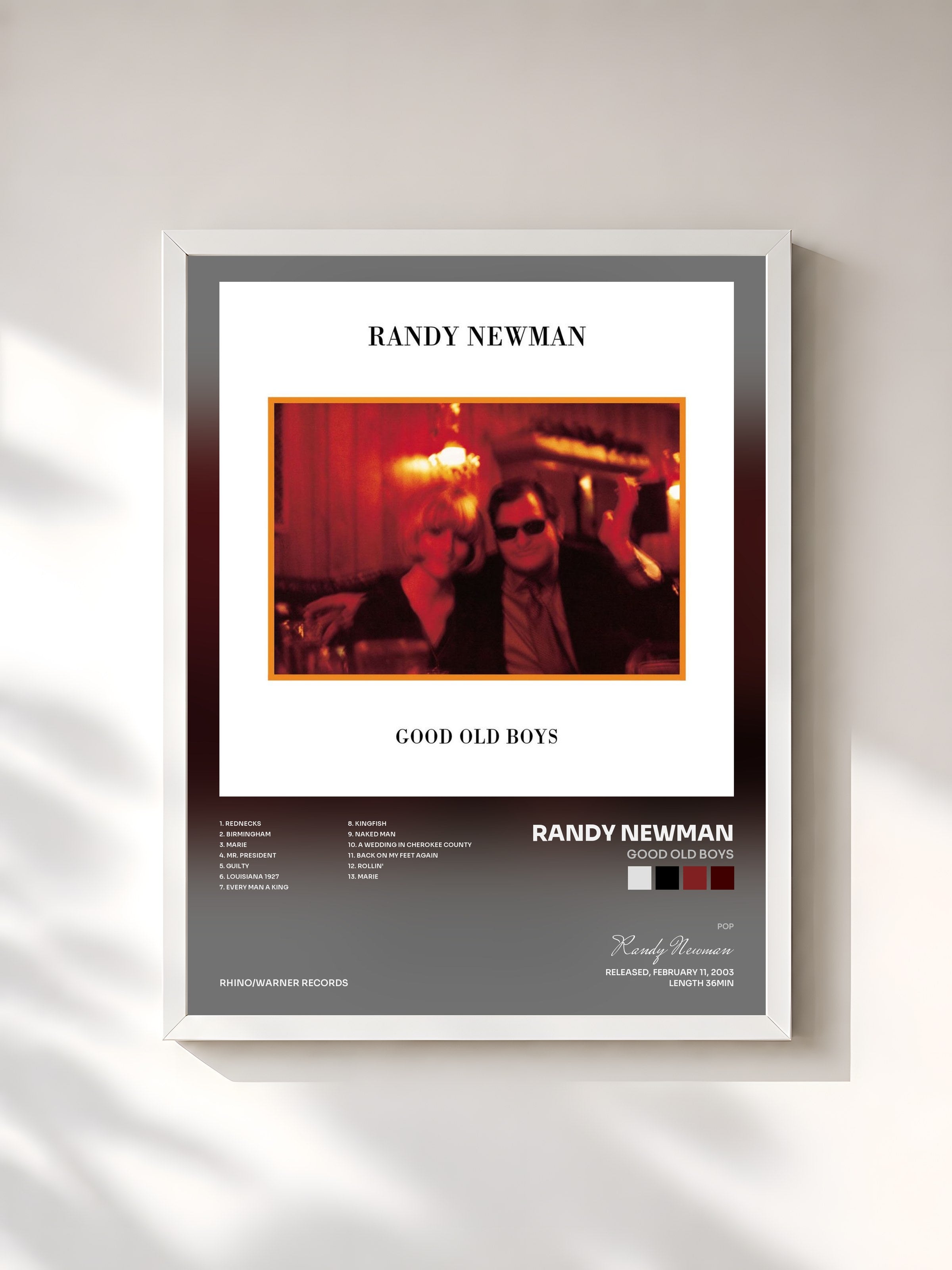 #blanc Tableau de l'album Good Old Boys de Randy Newman, cadre blanc, imprimé et encadré en France