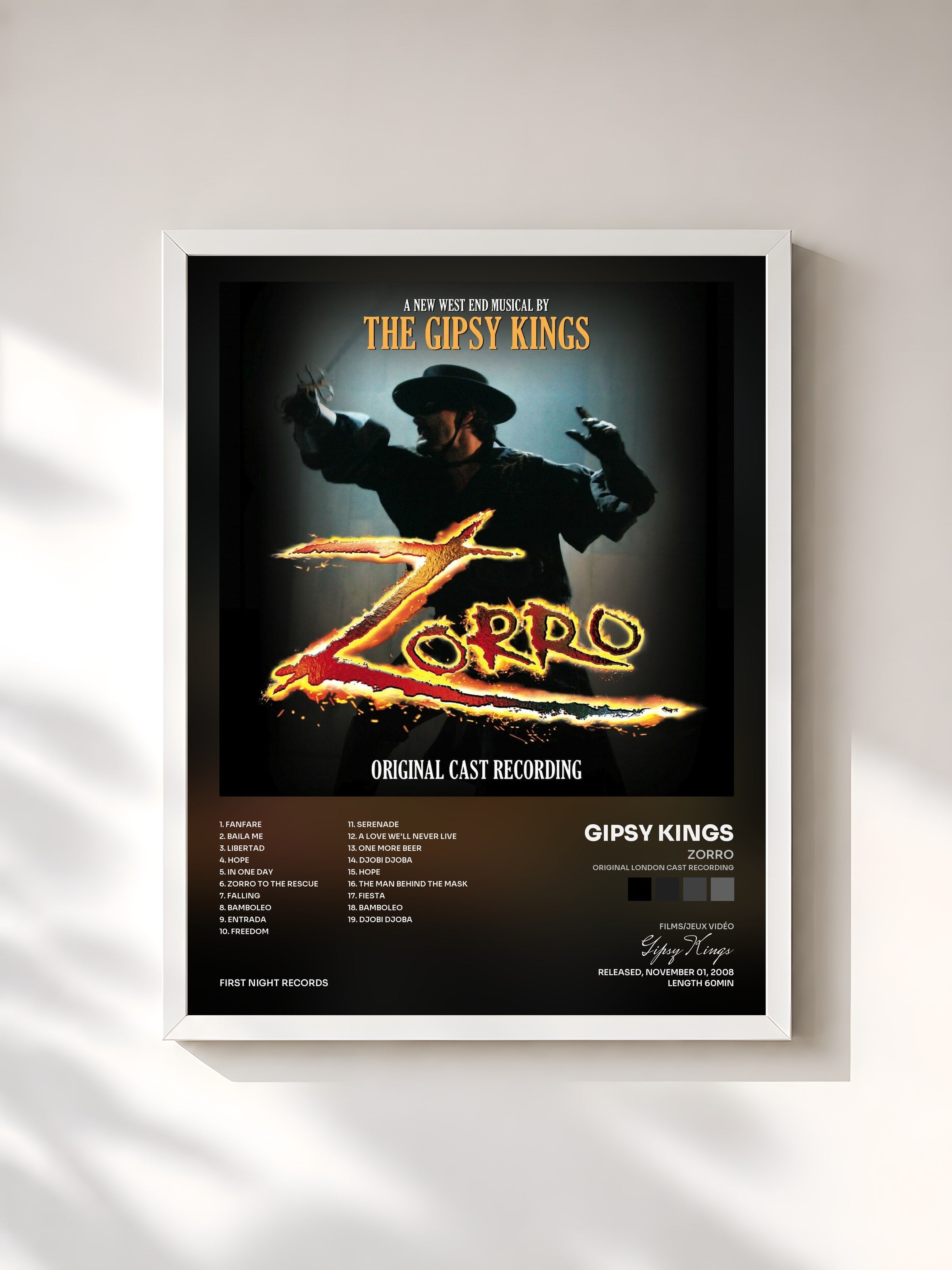 #blanc Tableau de l'album Zorro (Original London Cast Recording) de Gipsy Kings, cadre blanc, imprimé et encadré en France