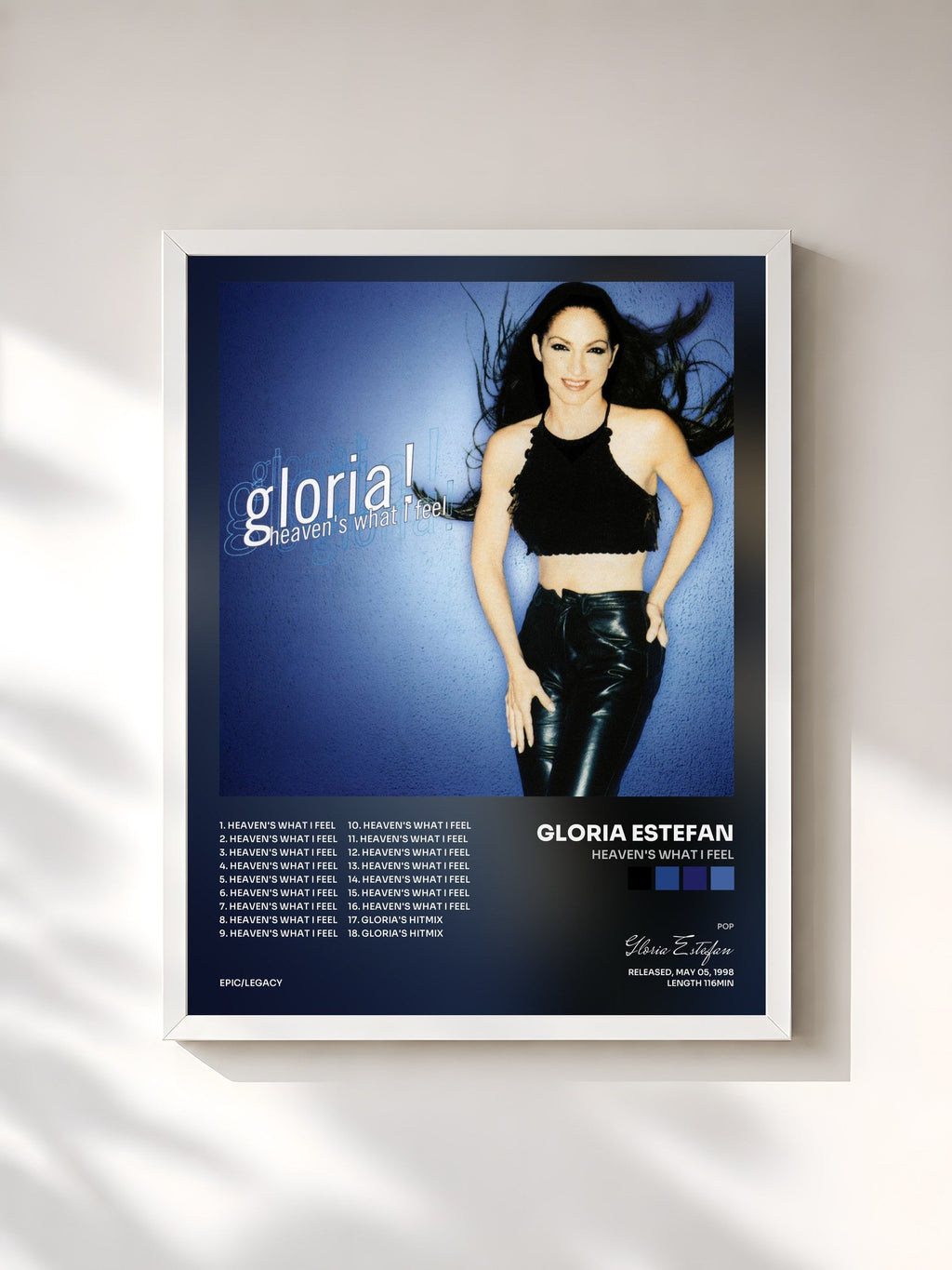 #blanc Tableau de l'album Heaven's What I Feel de Gloria Estefan, cadre blanc, imprimé et encadré en France